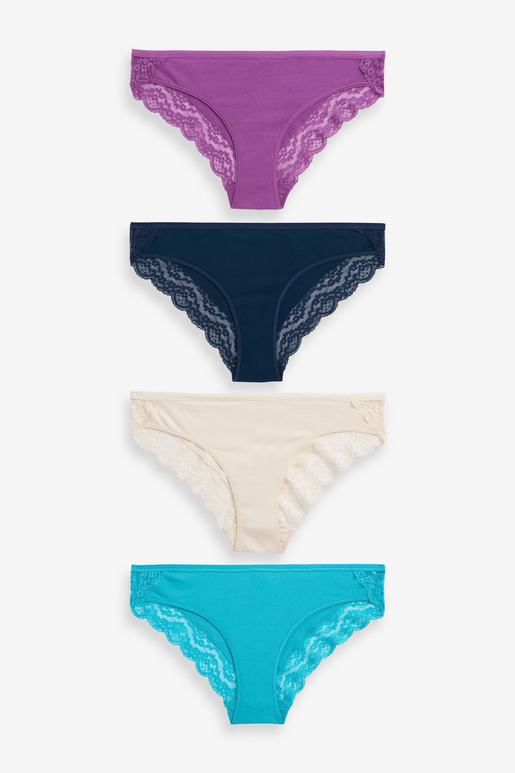 Next Bikinislip Slips aus Baumwollgemisch mit Spitze, 4er-Pack (4-St) Navy Blue/Aqua Blue/Purple/Cream