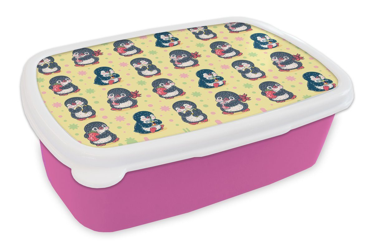 Brotdose Kunststoff Brotbox für - Lunchbox Snackbox, Mädchen, Kinder, Erwachsene, Gestaltung MuchoWow rosa Kunststoff, - (2-tlg), Erdbeere Pinguin,