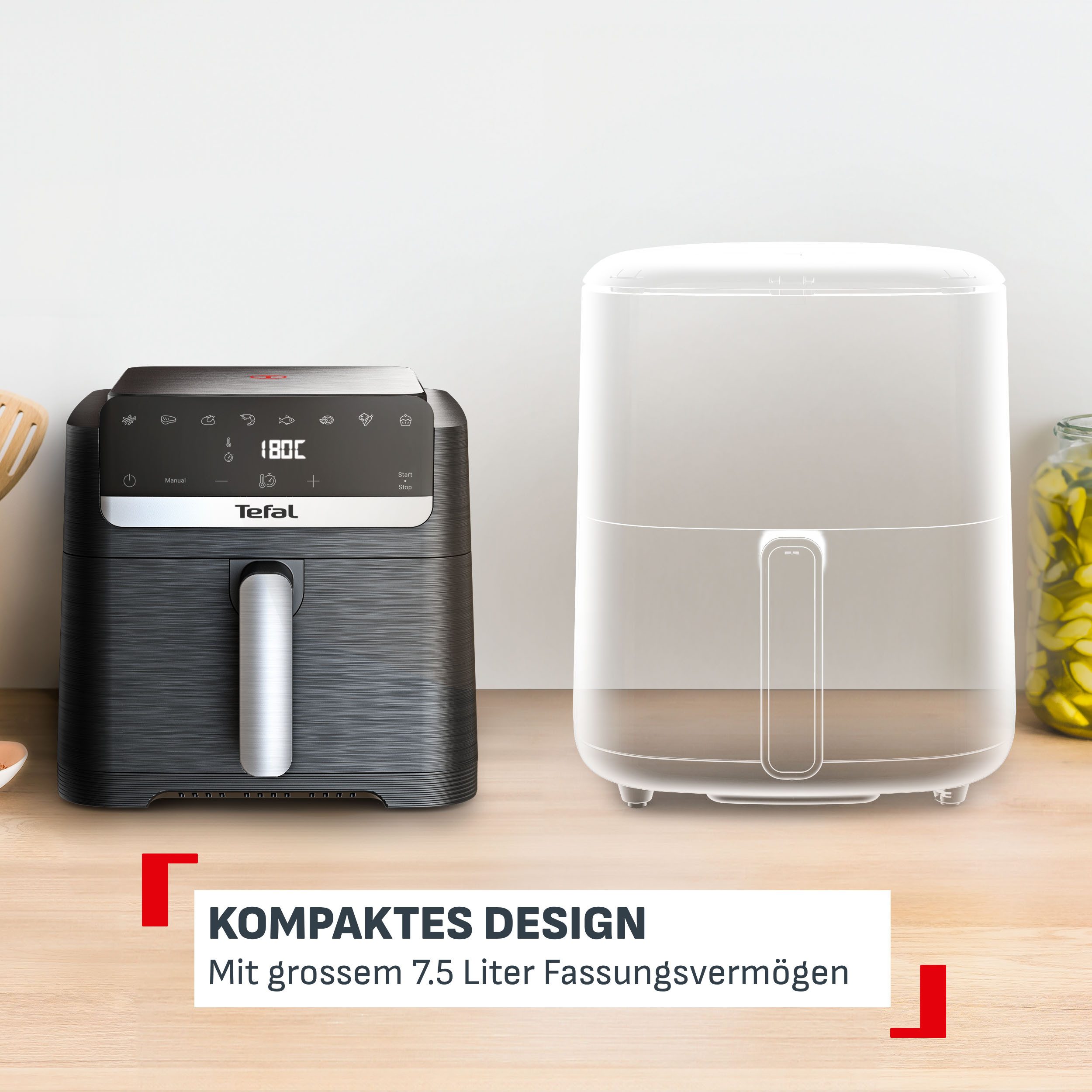 Tefal Heißluftfritteuse Easy Fry Mega Compact, platzsparendes Design, XL-Fassungsvermögen, intuitiver Touchscreen, spülmaschinengeeigneter Korb, EY8618