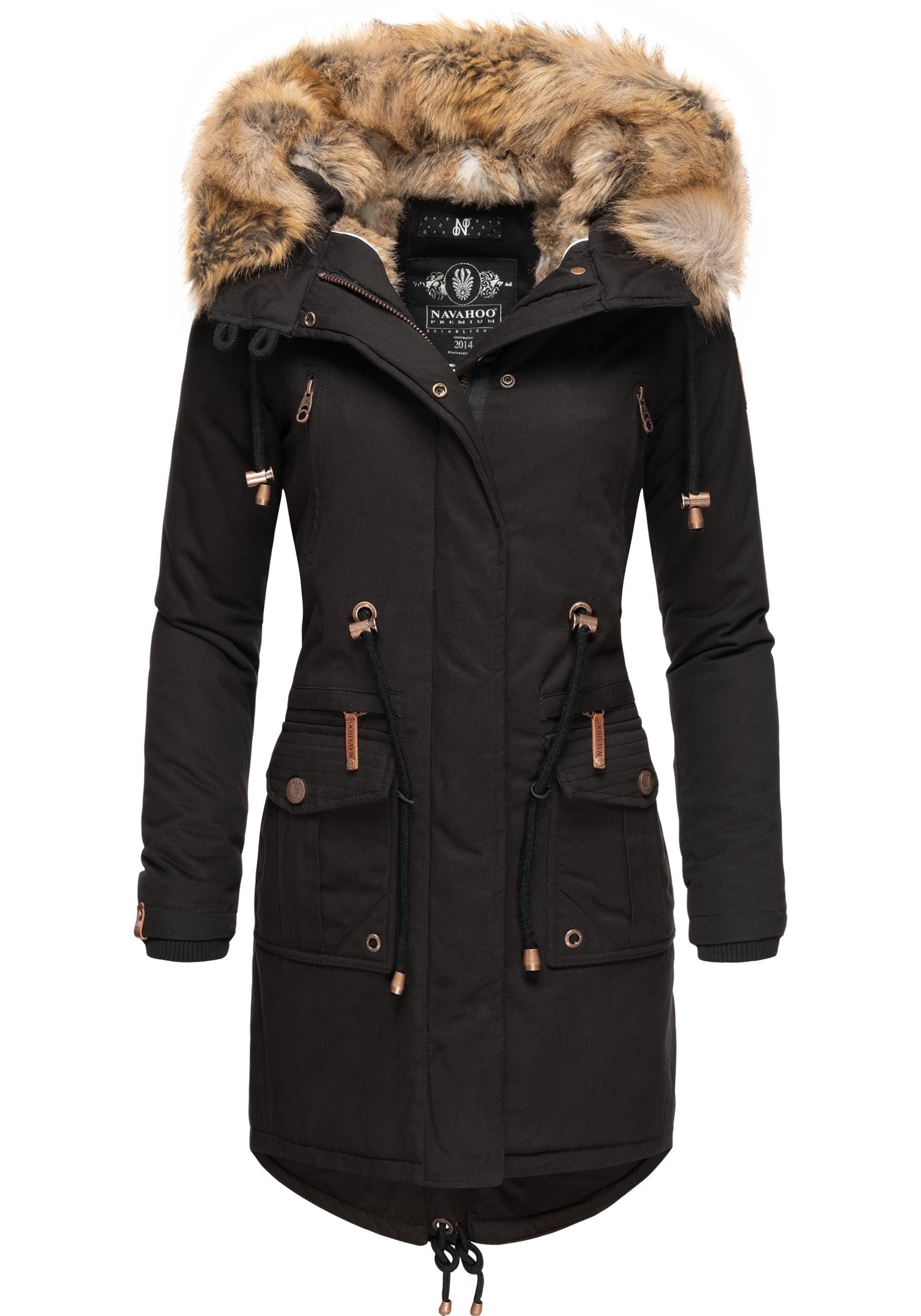 mit Navahoo Baumwollparka Wintermantel Rosinchen schwarz Damen Winter stylischer Kunstfell