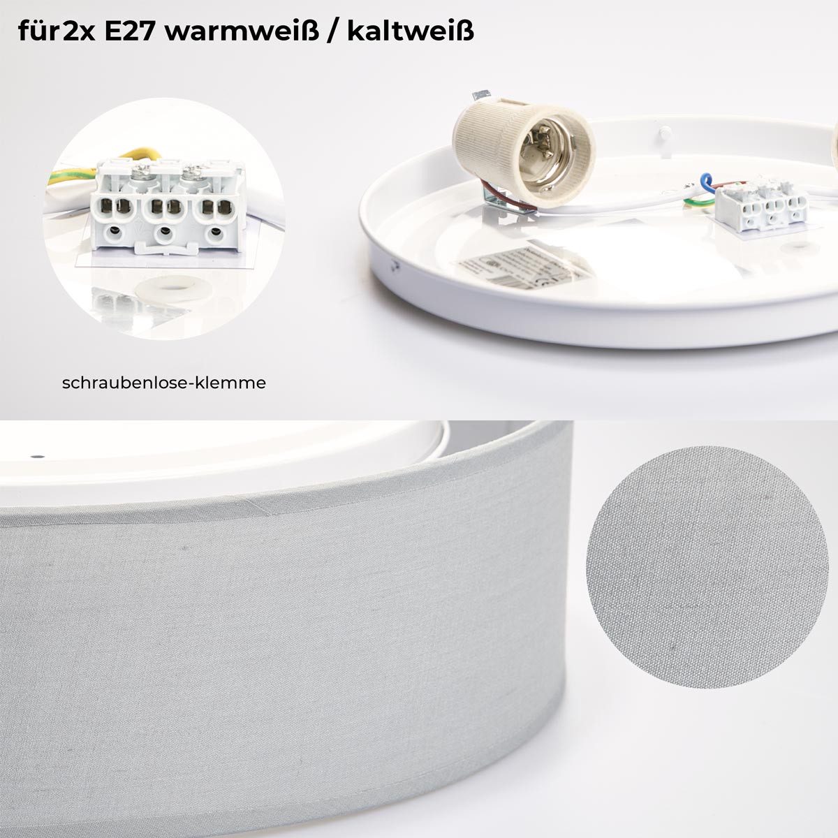 EINLICHT LED Deckenleuchte Deckenleuchte FABRIC Stoff Blaugrau, Ø38cm, 2x E27