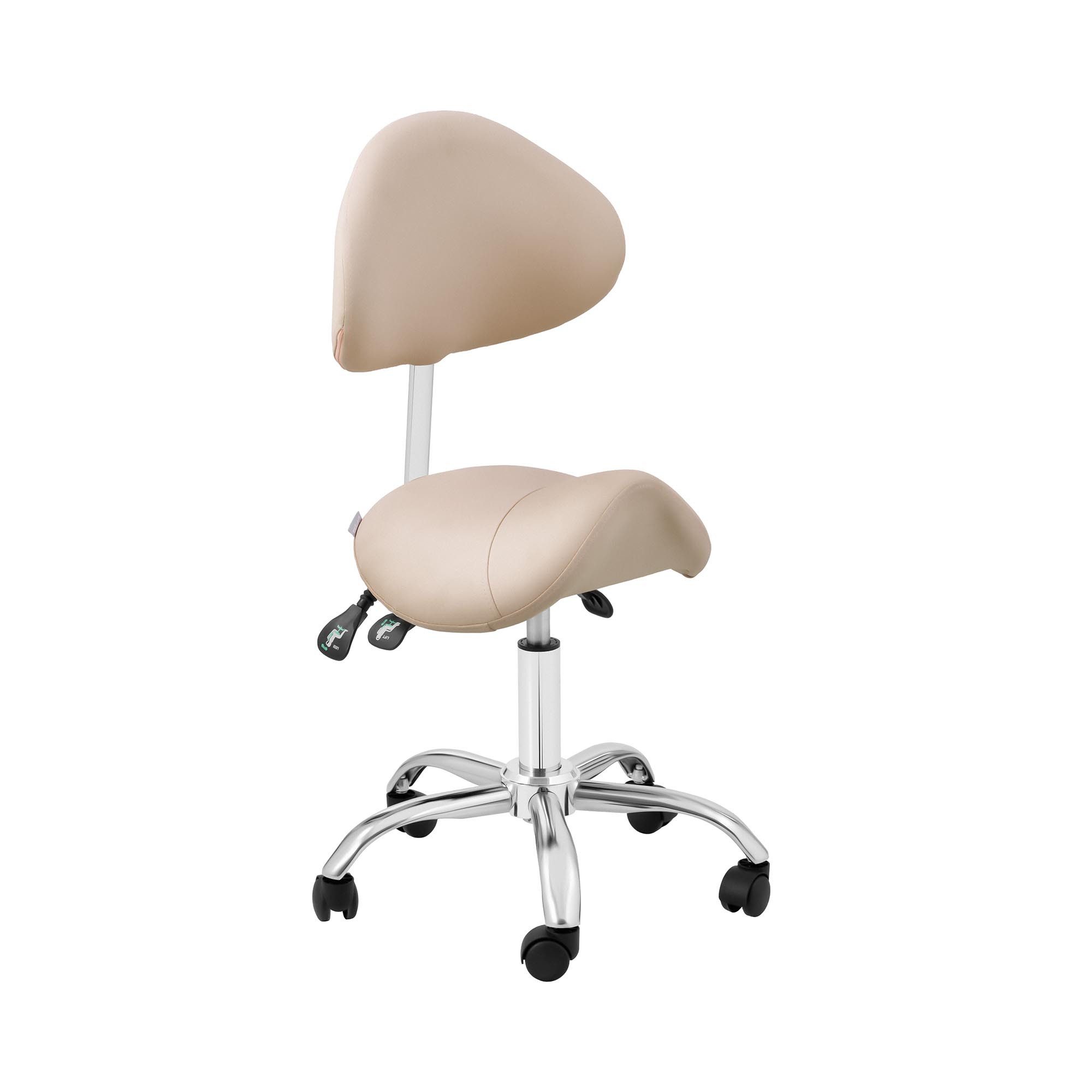 Physa Drehstuhl Sattelstuhl Sattelhocker mit Lehne Rollhocker höhenverstellbar Creme, Cremefarben, Silbern