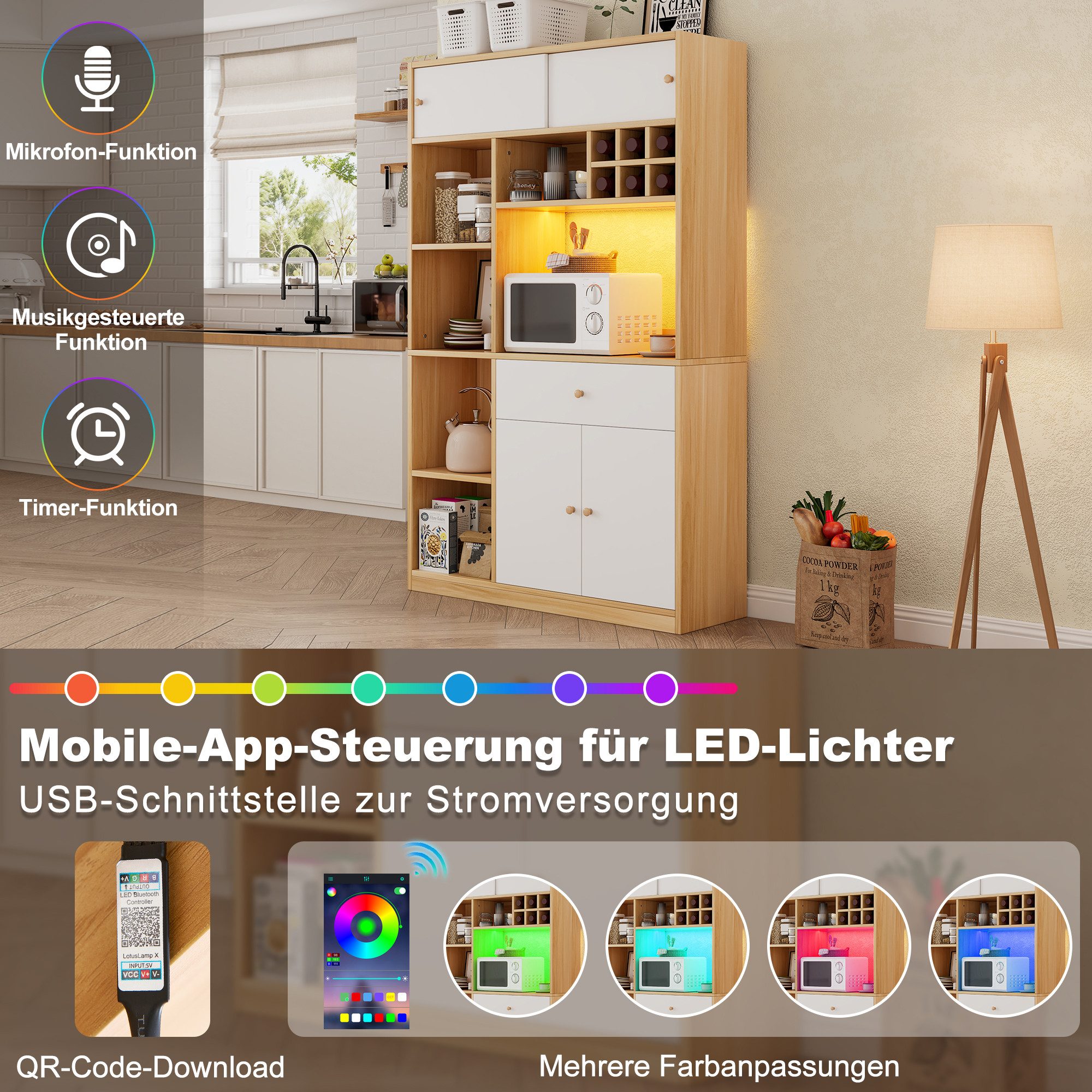 Celya Hochschrank Küchenschrank, Küchenbuffet mit Einstellbare LED-Beleuchtung (mit 1 Schublade, Offene Regale und großer Platz für Mikrowelle) Ideal für Esszimmer, Wohnzimmer und Küche
