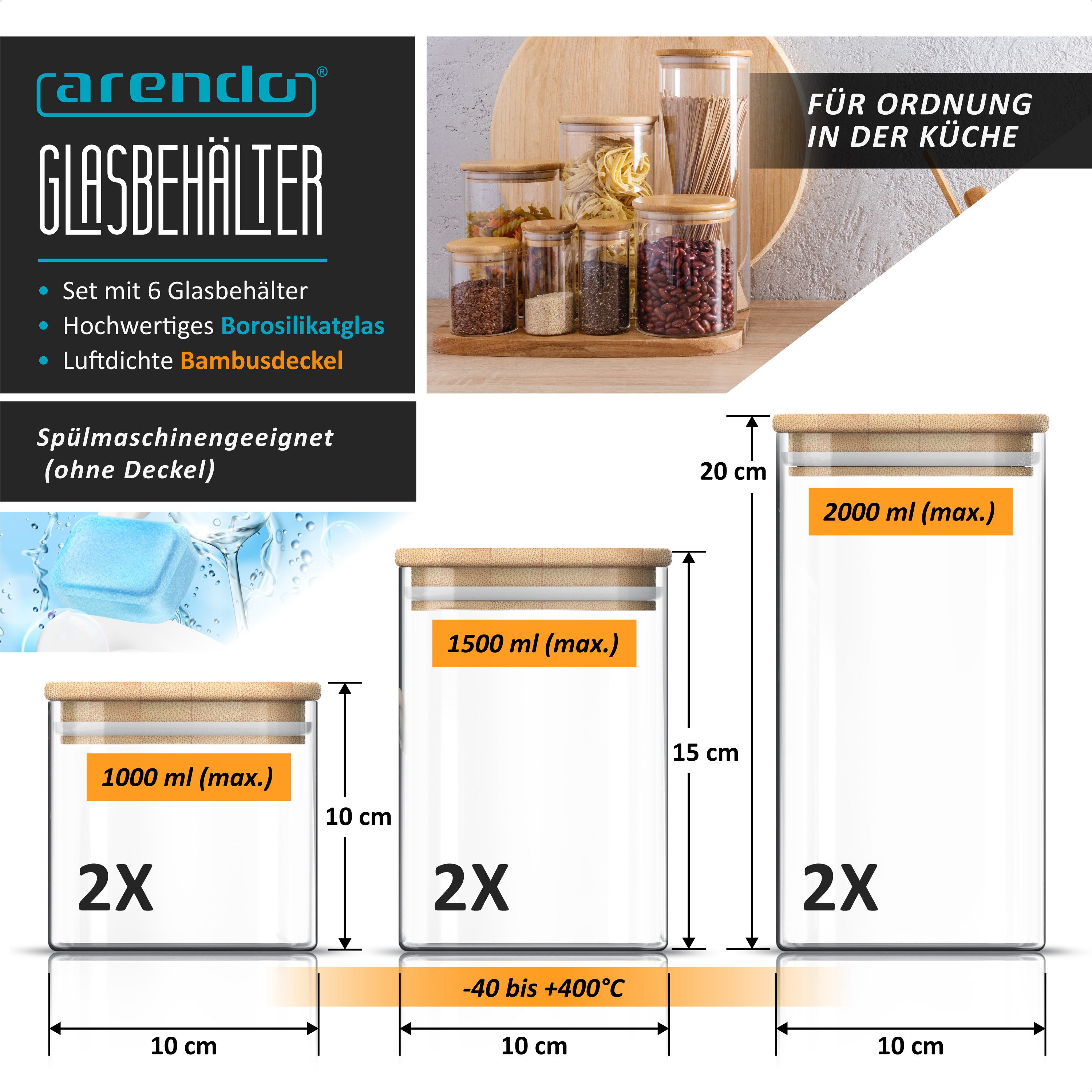 Arendo Aufbewahrungsbecher Glasbehälter Set 1L, 1,5L, 2L Borosilikat quadratisch mit Bambusdeckel, Borosilikatglas; Bambus; Silikon, (Vorratsbehälter-Set, 6-tlg., 6er Set), luftdicht, hitze & kältebeständig, Mikrowellen & spülmaschinengeeignet