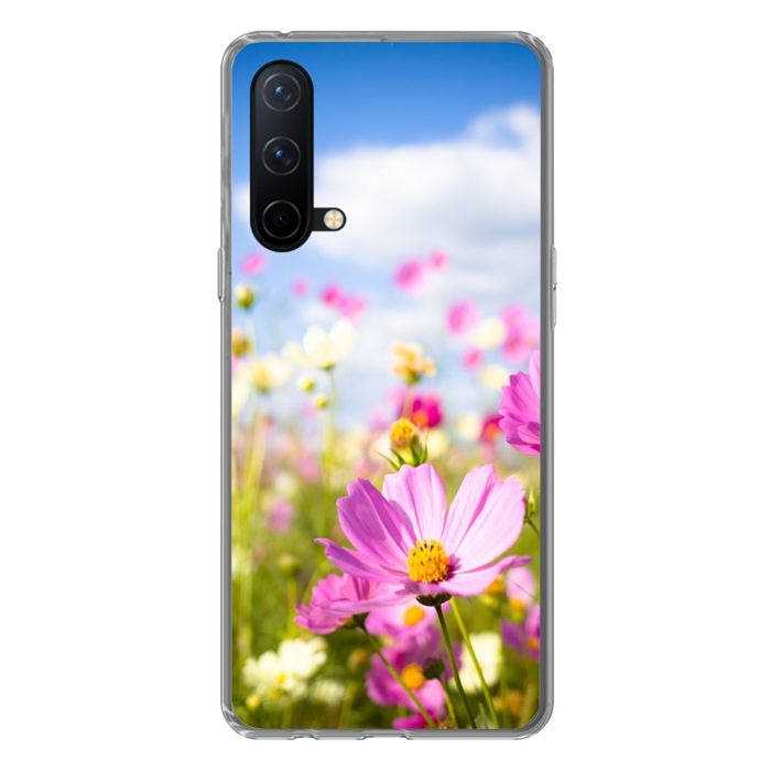 MuchoWow Handyhülle Blumen - Wiese - Lila - Gras - Weiß - Wolken - Blau Phone Case Handyhülle OnePlus Nord CE 5G Silikon Schutzhülle