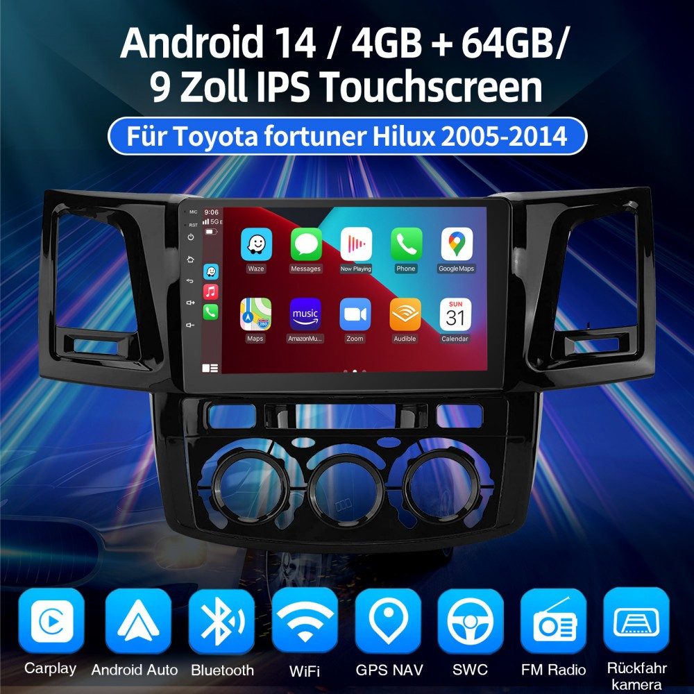 ESSGOO DAB+ Für Toyota Hilux 2005-14 Android15 CarPlay Autoradio GPS Navi RDS Autoradio (RDS, 4+64GB(optional), FM, AM, DAB+ (optional), Carplay Android Auto Bluetooth EQ USB GPS Navi WIFI Touchscreen)