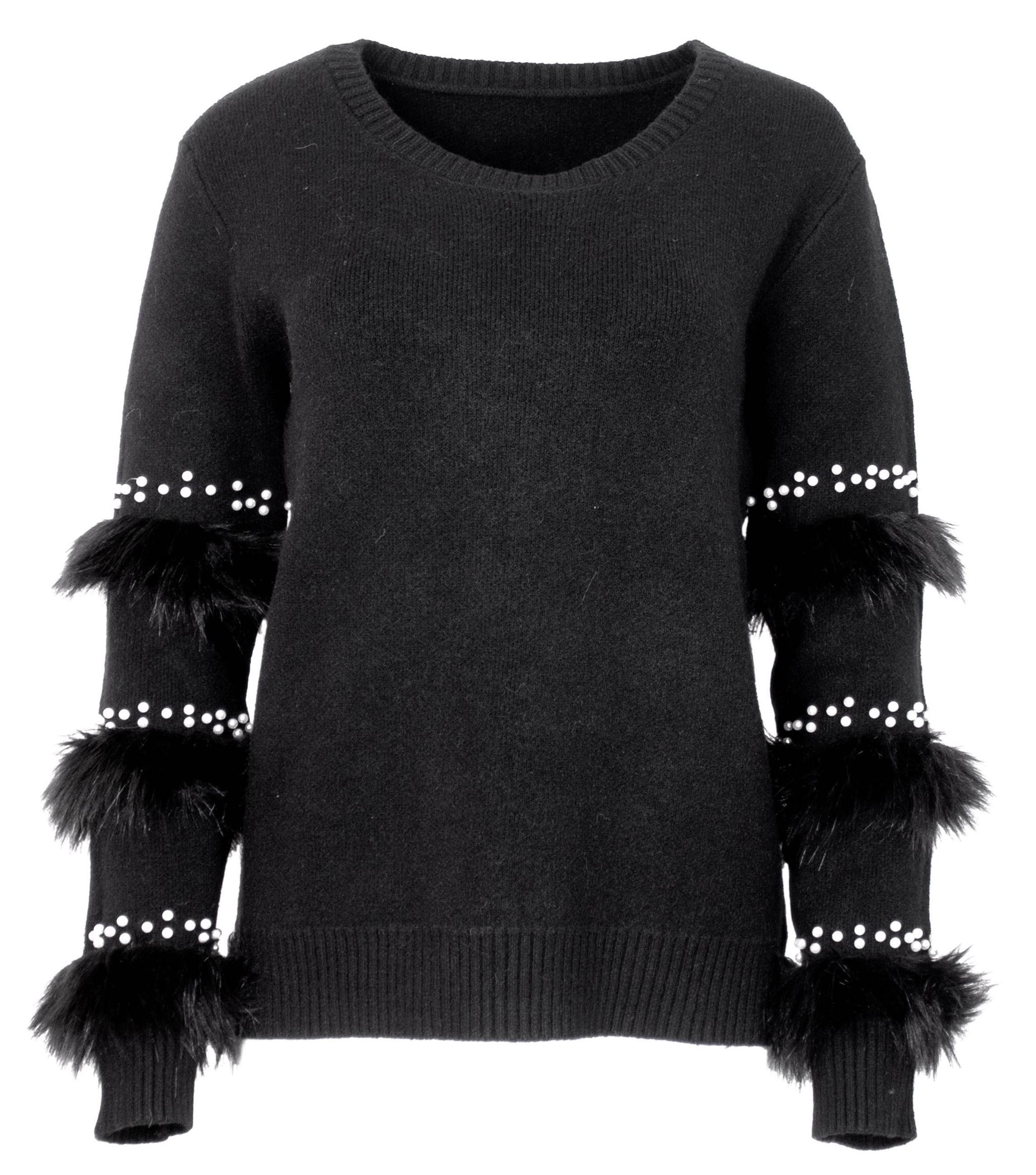 Passioni Strickpullover mit Fell- und Perlendetails günstig online kaufen