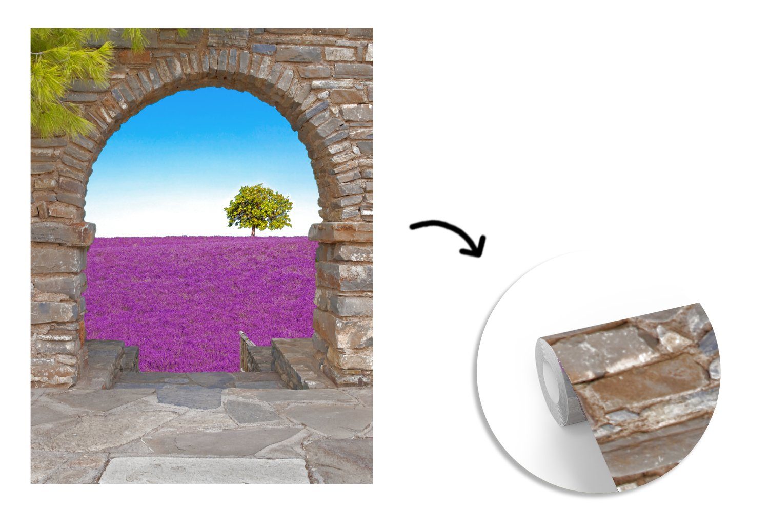 MuchoWow Fototapete Tapete - Ansicht, Baum Lavendel Wohnzimmer, Matt, für Blumen - Wandtapete bedruckt, Montagefertig - St), (4 Vinyl