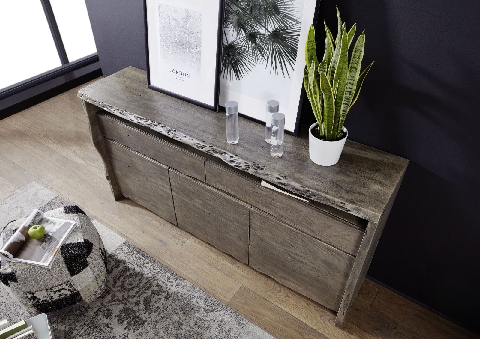 Massivmoebel24 Sideboard PURE ACACIA (Massivholz), Sideboard Akazie 191x45x96 grau lackiert PURE ACACIA #402