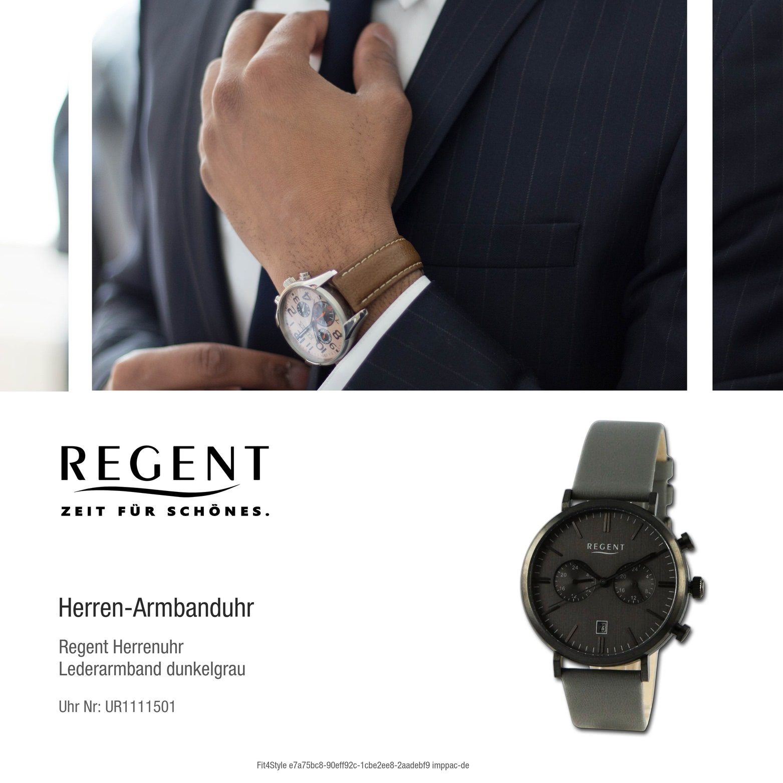 Regent Quarzuhr Regent Herren (ca. Gehäuse, Lederarmband Herrenuhr dunkelgrau, Analog, groß 41mm) rundes Armbanduhr