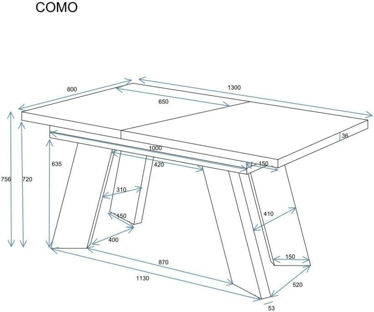 Endo-Moebel Esstisch Como Esstisch 130–210cm ausziehbar für 8 Personen, Tischbeine schwarz, Ausziehbar 130-210 cm (2x40 cm), Platte 36mm, 4 Beine, schwarz matt – Bild 3 von 5