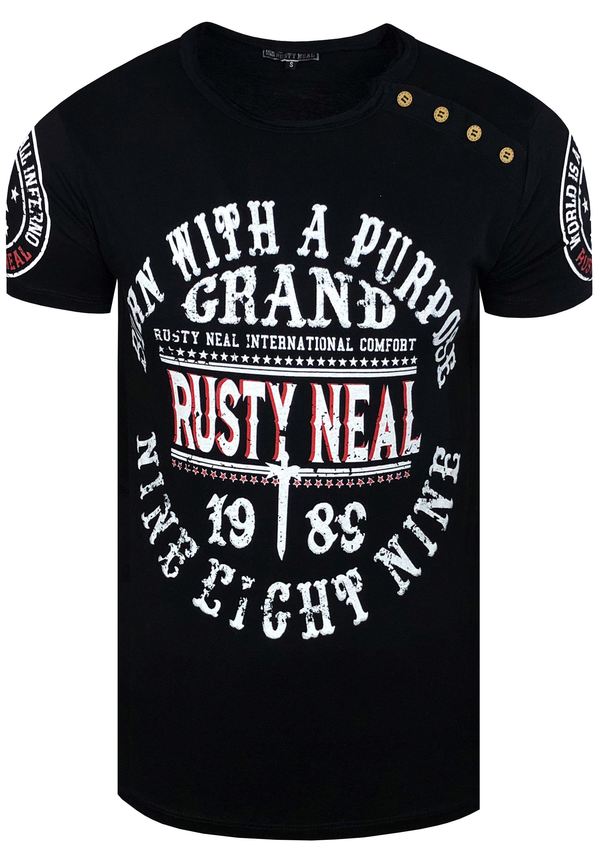 schwarz mit T-Shirt Knopfleiste seitlicher Rusty Neal