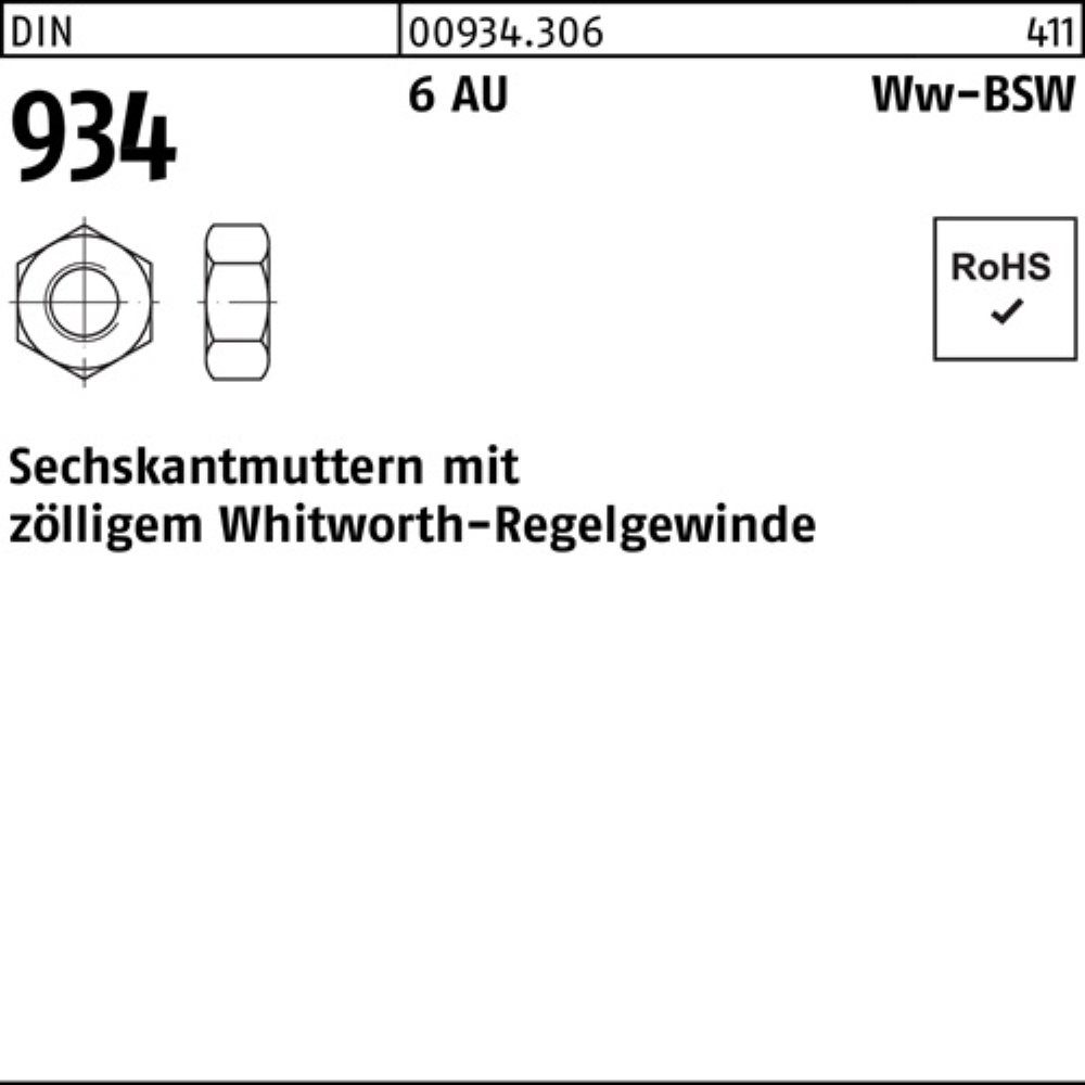 Reyher Muttern 100er Pack Sechskantmutter DIN 934 WW 1 1/2 6 Automatenstahl 1 Stück