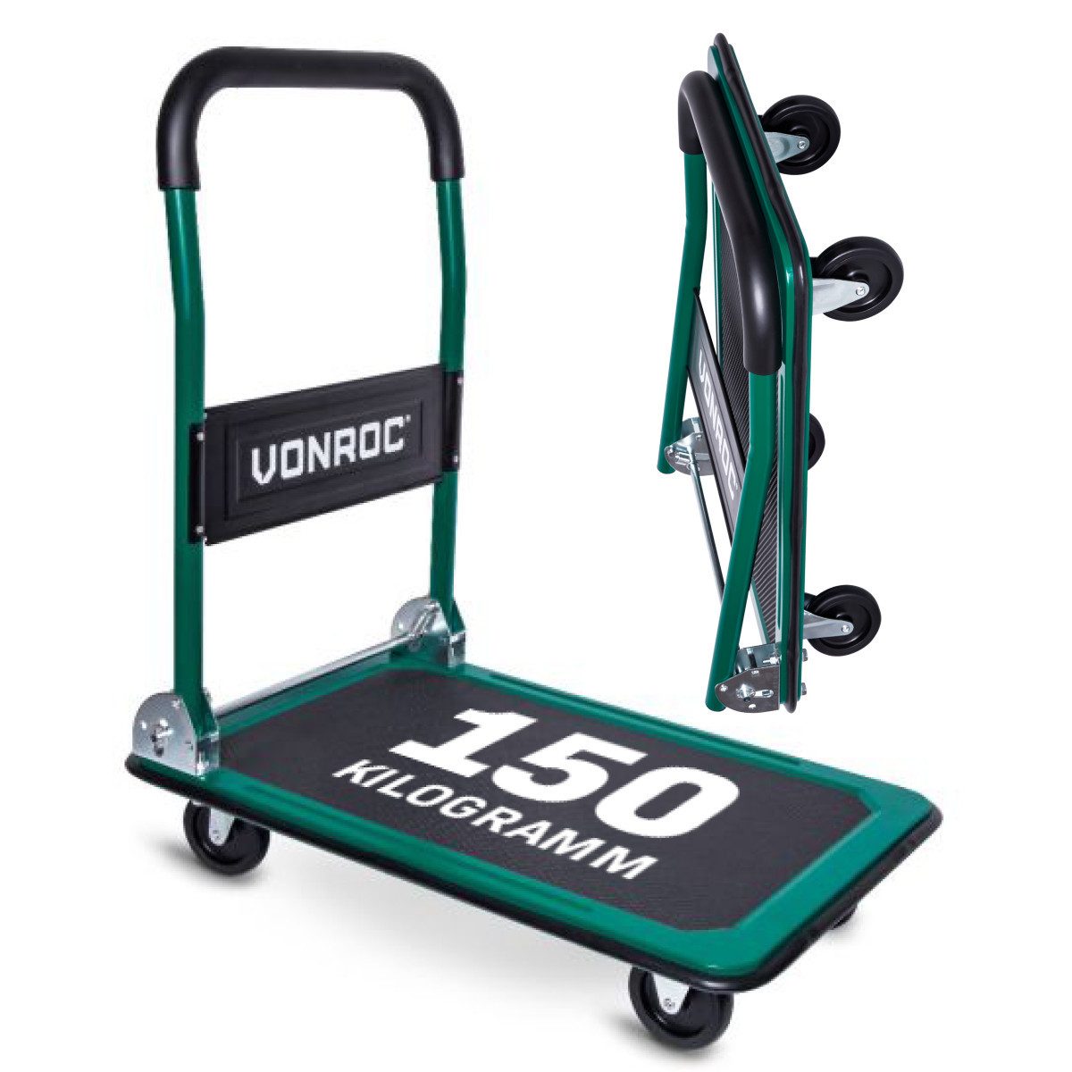 VONROC Transportwagen Plattformwagen klappbar, (150kg - 360° drehbare Gummi-Räder), Rollwagen mit Griff und Antirutsch Oberfläche
