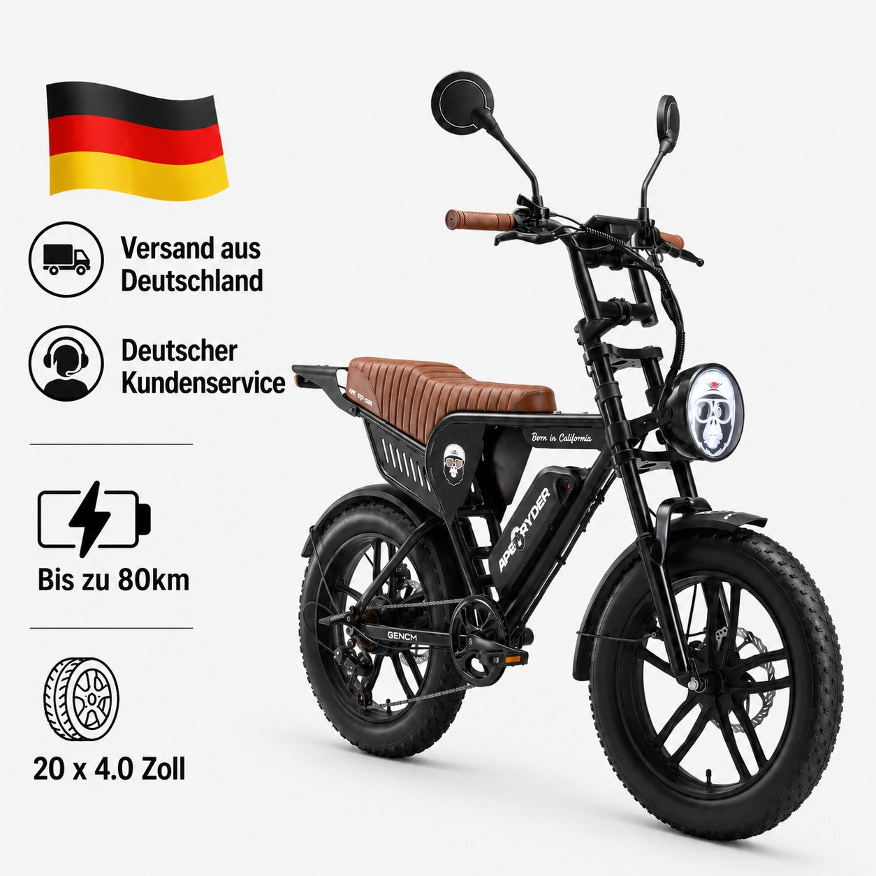APE RYDER E-Bike Trekkingrad 20*4 Zoll Fatbike, 48V 15Ah Akku, bis 80 km, Shimano 7-Gang, 7 Gang, Heckmotor, 720 Wh, Fahrradbeleuchtung, Ständer, Klingel, Hochleistungsakku