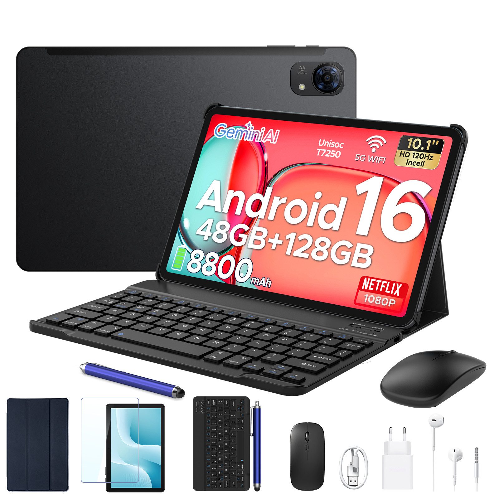 Aorlym P10 Pro Tablet Android 16 10 Zoll, mit Tastatur, 120Hz, 8800mAh, 13MP Tablet (10.1", 8 GB, Android 16, Gemini AI, Octa Core T7250, 128GB ROM, Face ID/GPS/FM, 3,5mm Buchse)