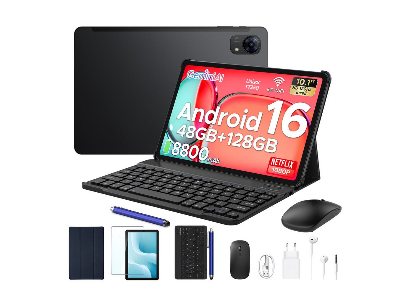 Aorlym P10 Pro Tablet Android 16 10 Zoll, mit Tastatur, 120Hz, 8800mAh, 13MP Tablet (10.1", 8 GB, Android 16, Gemini AI, Octa Core T7250, 128GB ROM, Face ID/GPS/FM, 3,5mm Buchse)