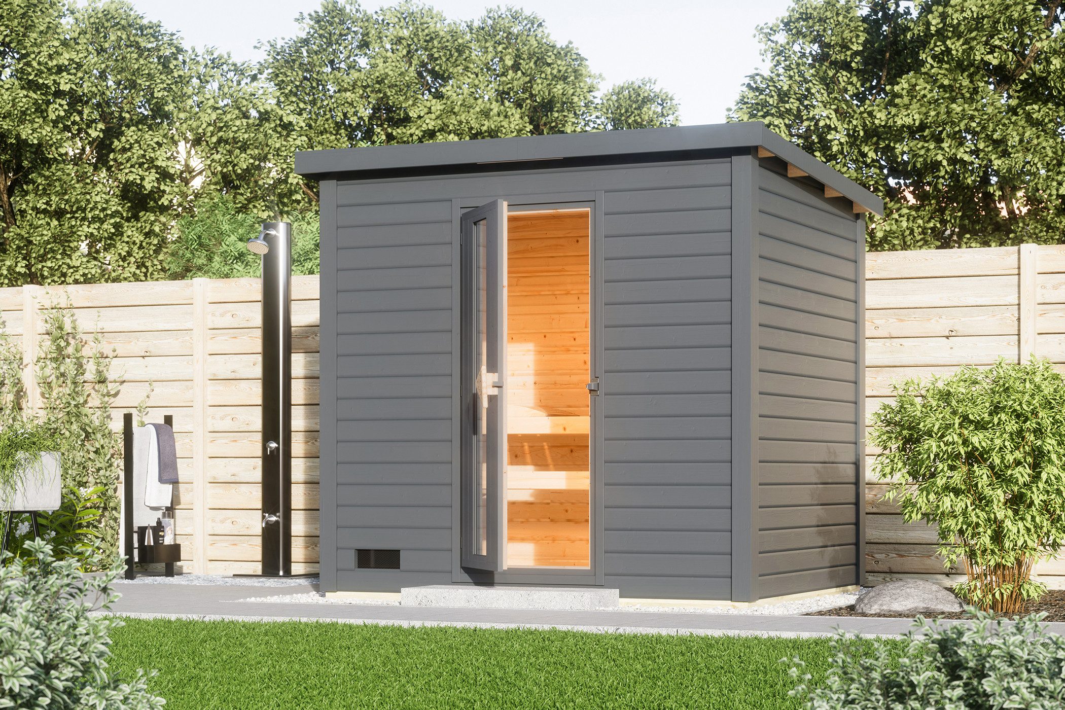 Karibu Saunahaus Saunahaus 38mm Melo 3 Ofen 9 kW integr. Strg terragrau, no günstig online kaufen