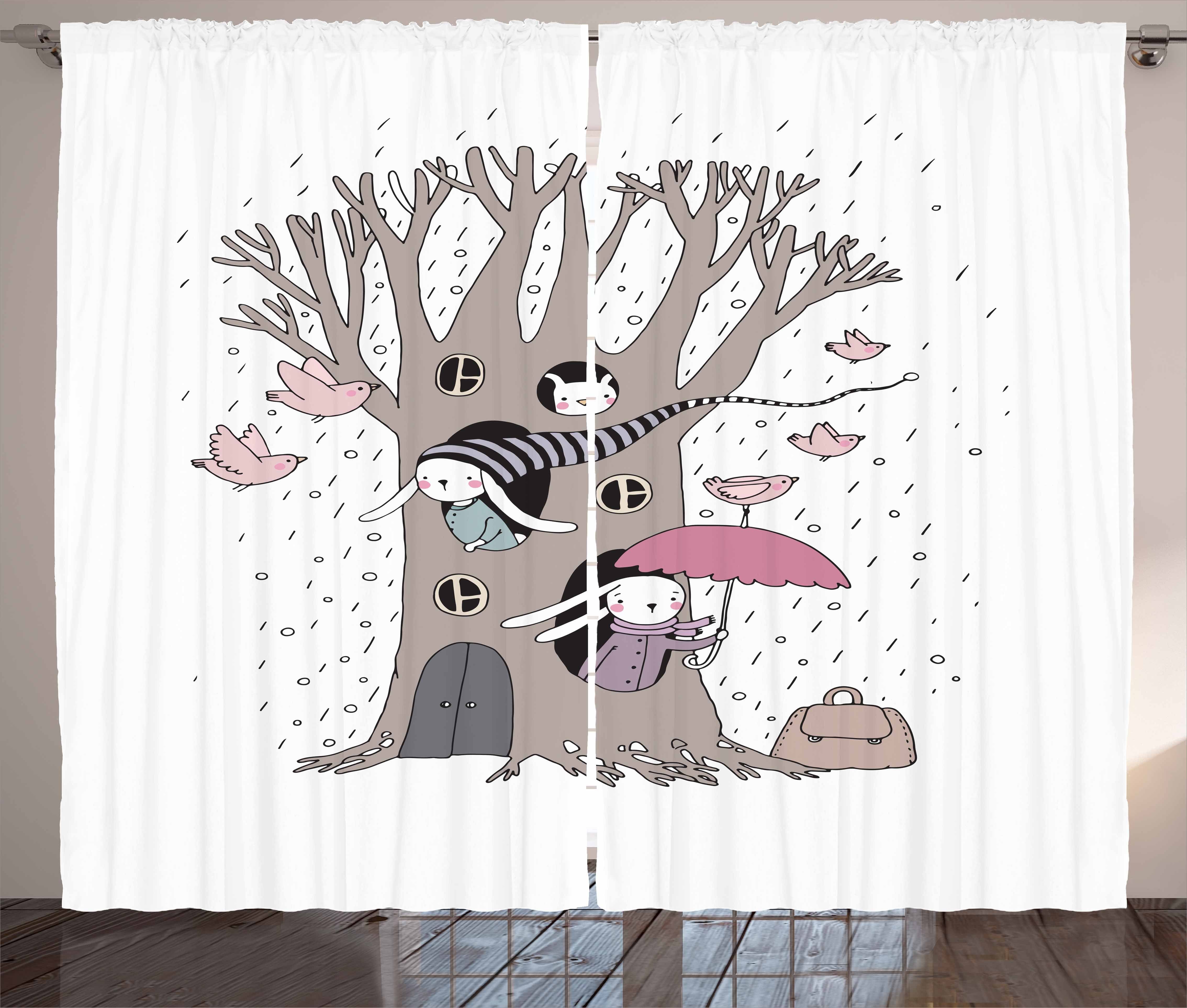 Gardine Schlafzimmer Kräuselband Vorhang mit Schlaufen und Haken, Abakuhaus, Baum Häschen-Familie Regen Vögel