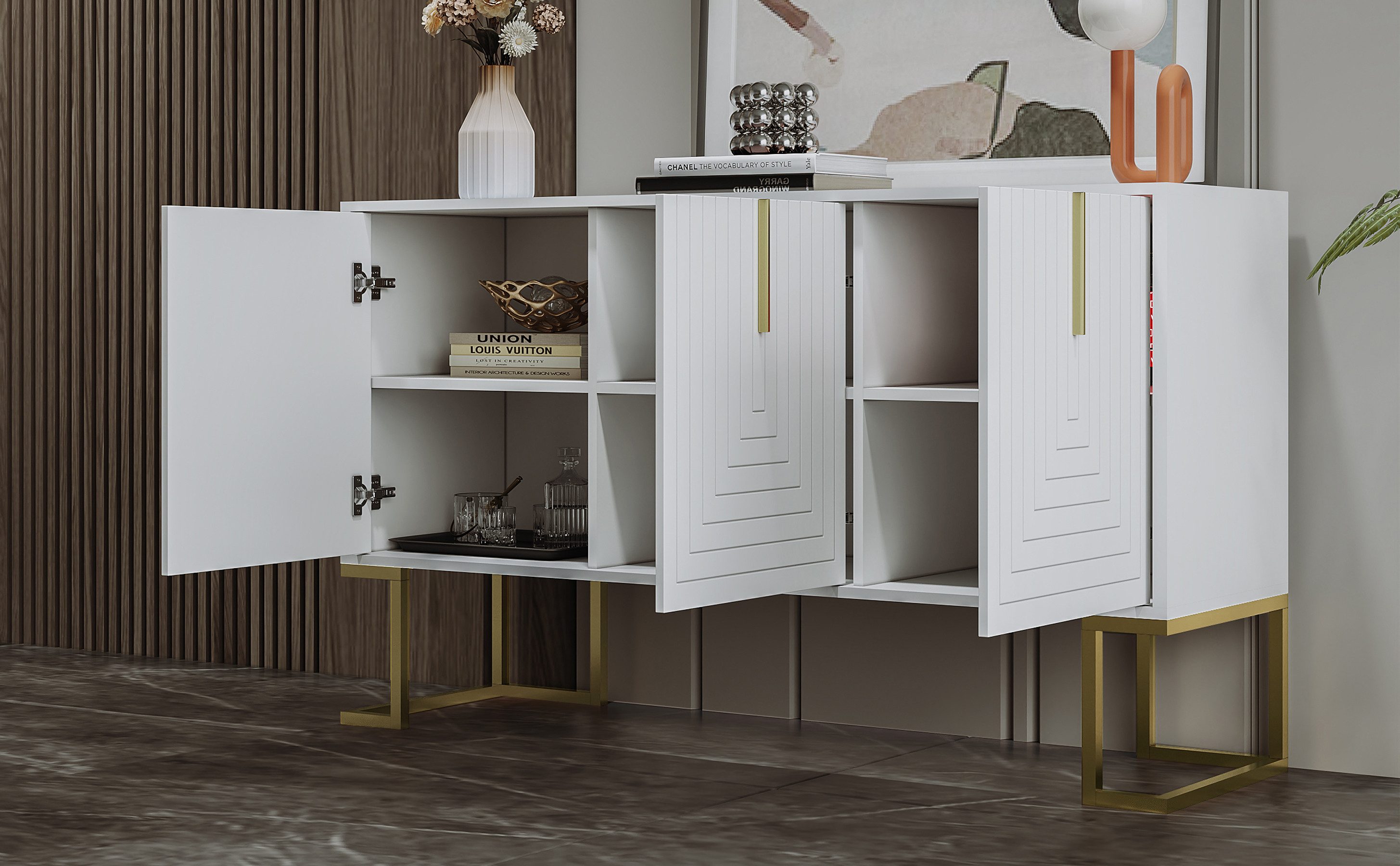 Flieks Sideboard mit 3 Türen (1 St., 138x40x80,5 cm), Mehrzweckschrank Wohnzimmerschrank mit verstellbare Regalen Weiß