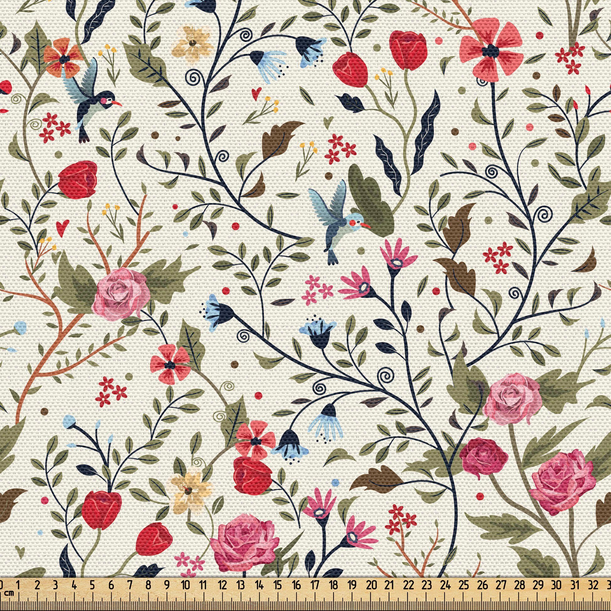 Abakuhaus Stoff Schön Gewebten Stoff für Polster und Wohnaccessoires, Blumen Vögel Rosen-Tupfen