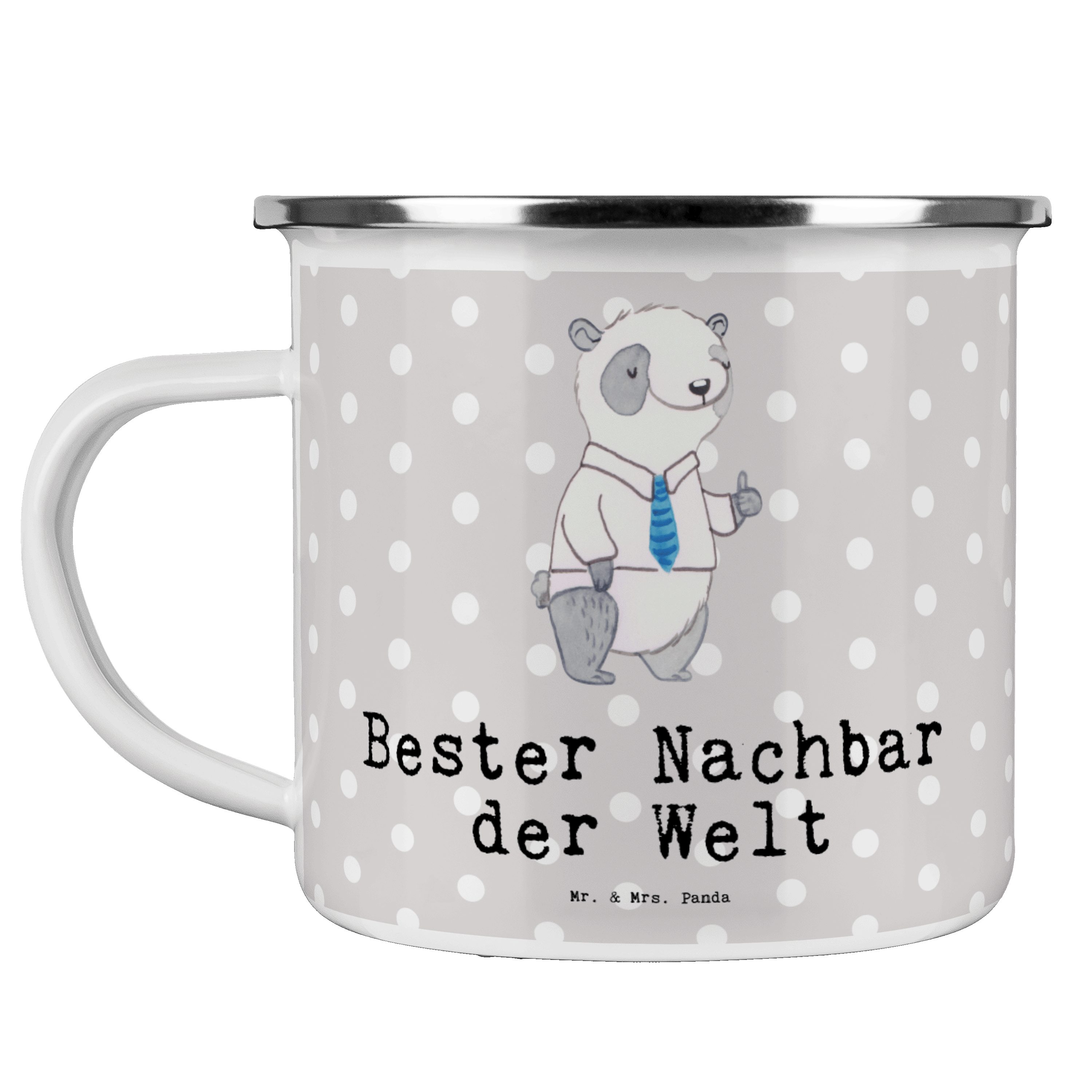 Mr. & Mrs. Panda Becher Panda Bester Nachbar der Welt - Grau Pastell - Geschenk, Blechtasse O, Emaille