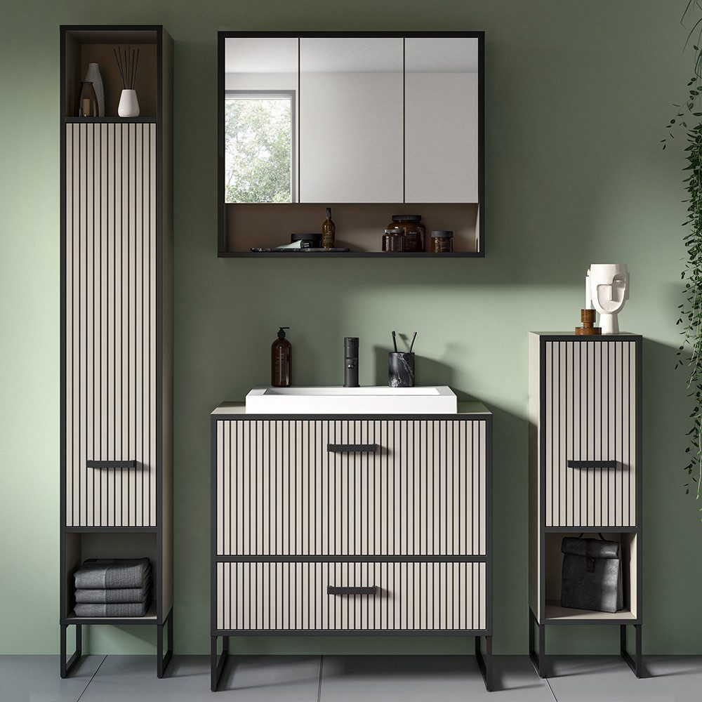 Lomadox Badmöbel-Set BRECIA-158, (Spar-Set, 4-St., Hochschrank Spiegelschrank Waschtisch Midischrank), Badezimmermöbel in Beige mit Softclose Türen und Metallkufen