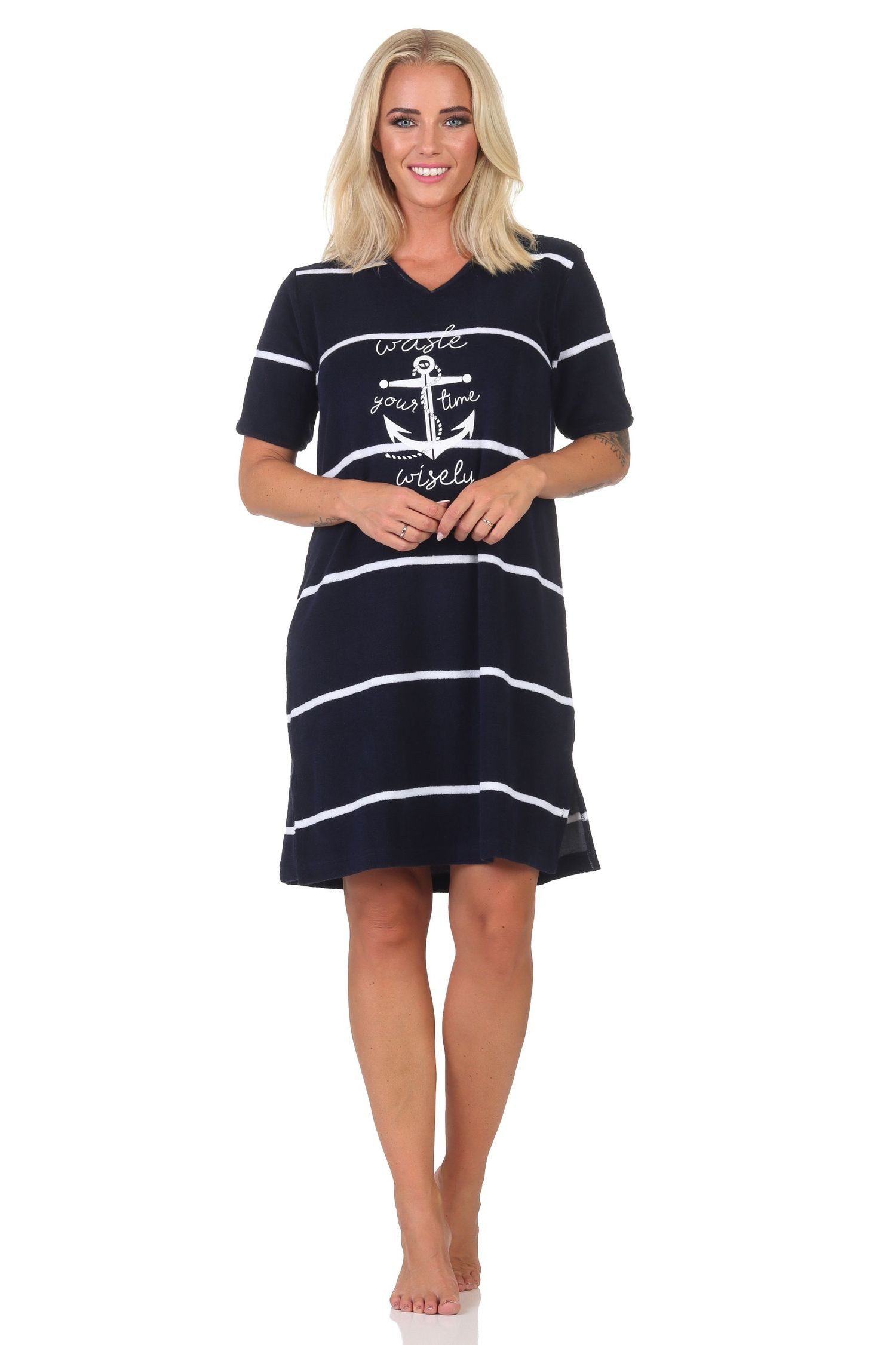 Normann Nachthemd Normann Damen Frottee Nachthemd in maritimer Optik mit Anker Motiv