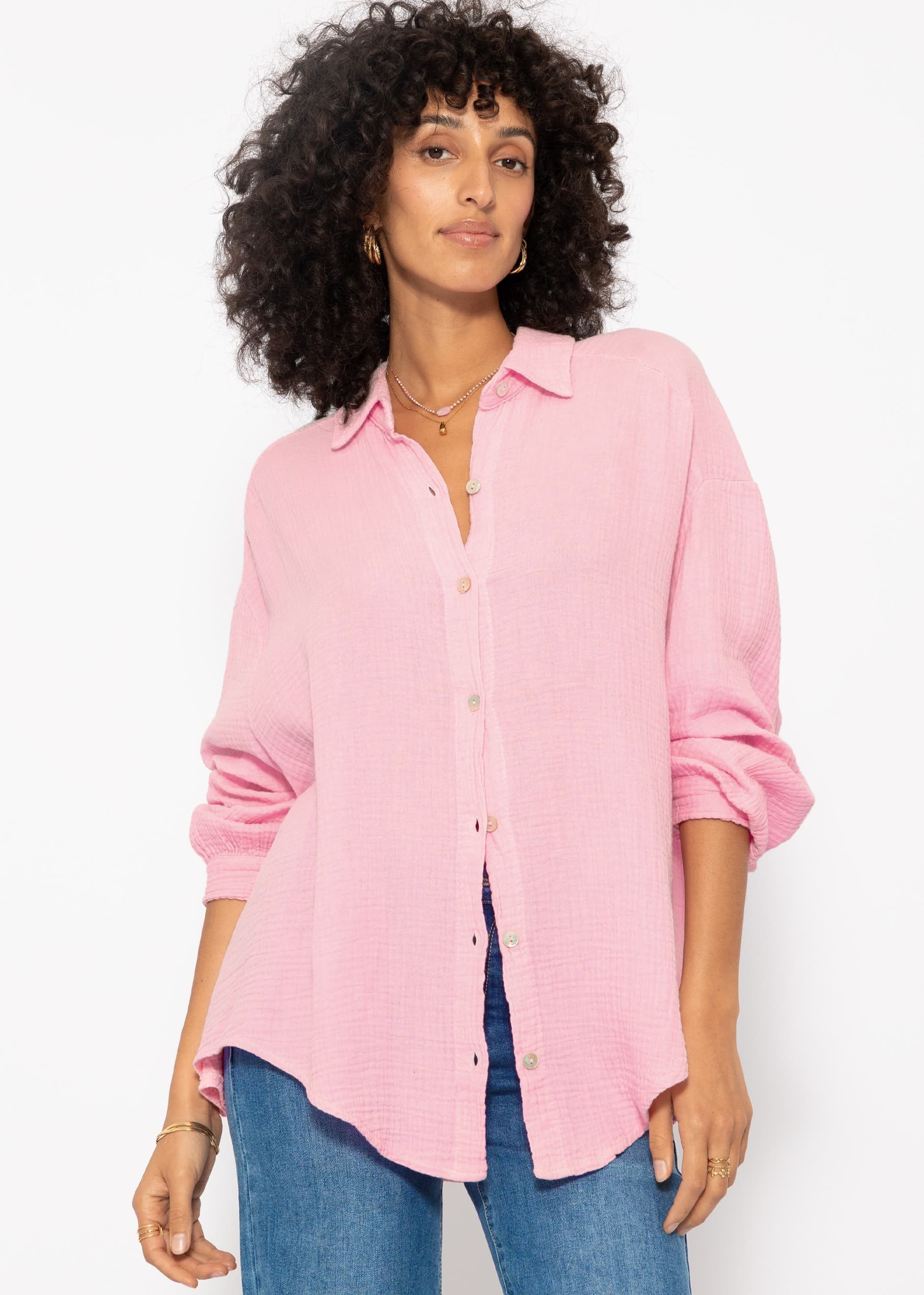 Longbluse Oversize Musselin Bluse Damen kurz Langarm Elegant