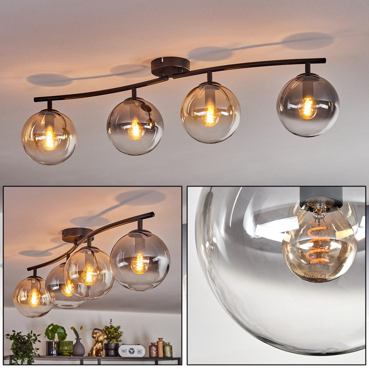 hofstein Deckenleuchte Deckenlampe aus Metall/Glas in Schwarz/Klar, ohne Leuchtmittel, Glasschirme (15 cm), 4 x E14, ohne Leuchtmittel
