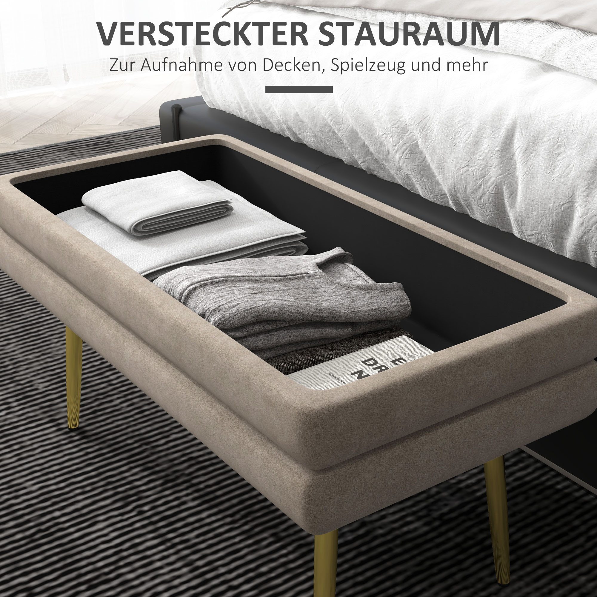 HOMCOM Sitzbank mit Samtoptik (Bettbank mit Stahlbeine, 1-St., Polsterbank mit Stauraum), für Wohnzimmer, Schlafzimmer, Beige, 79,5 x 37,5 x 43 cm – Bild 5 von 5