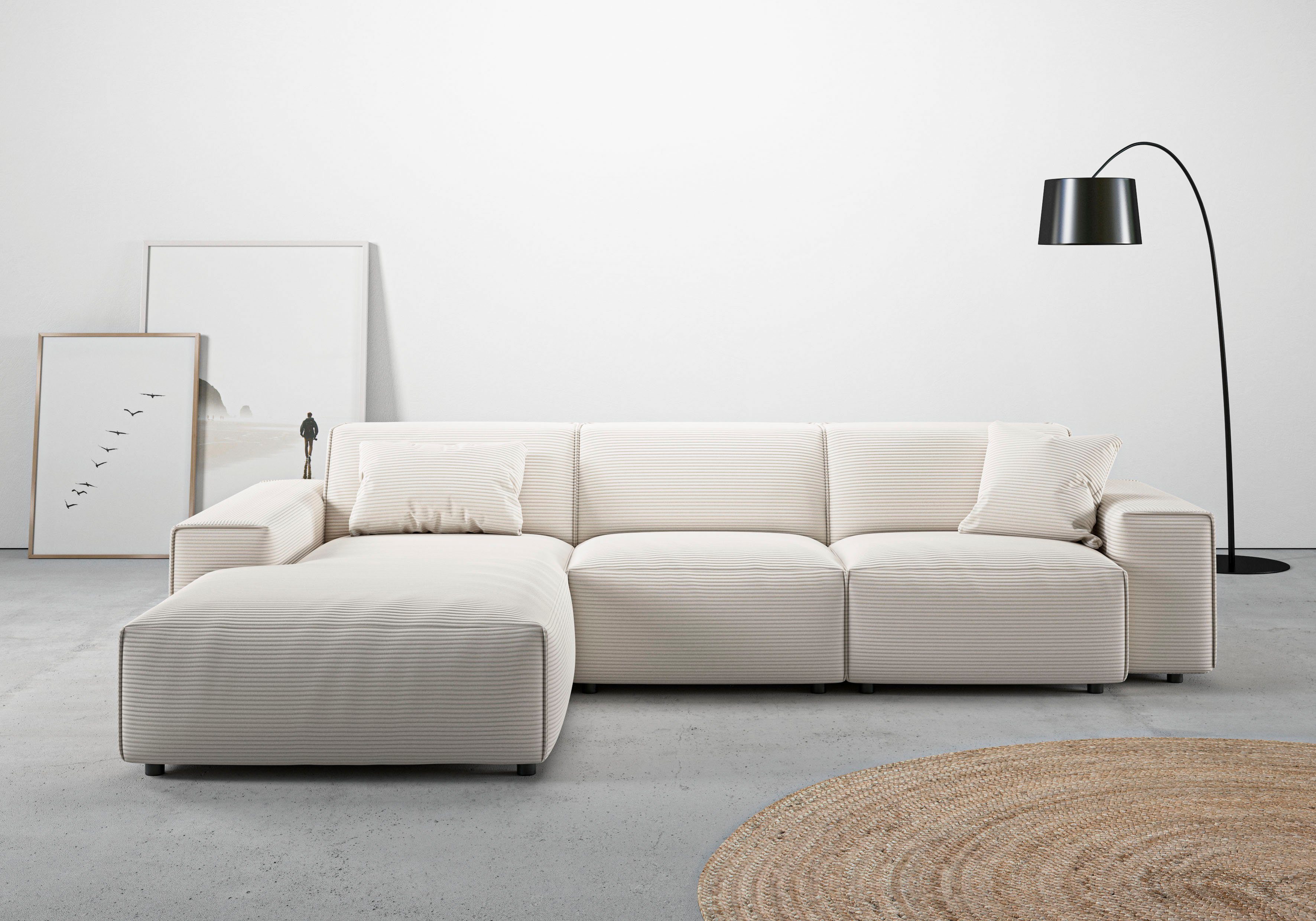 andas Ecksofa Glimminge auch in Breitcord, Feincord, Bouclé + Easy care-Bezug, L-Form, Breite 294, Zierkissen