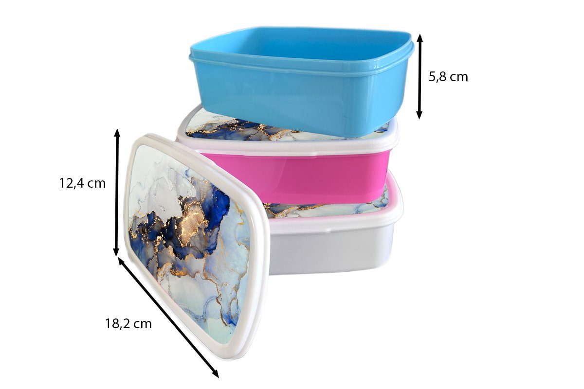 Erwachsene, Brotdose MuchoWow Brotbox rosa - (2-tlg), Gold, Snackbox, für Kunststoff Blau Kinder, - Marmor Mädchen, Lunchbox Kunststoff,