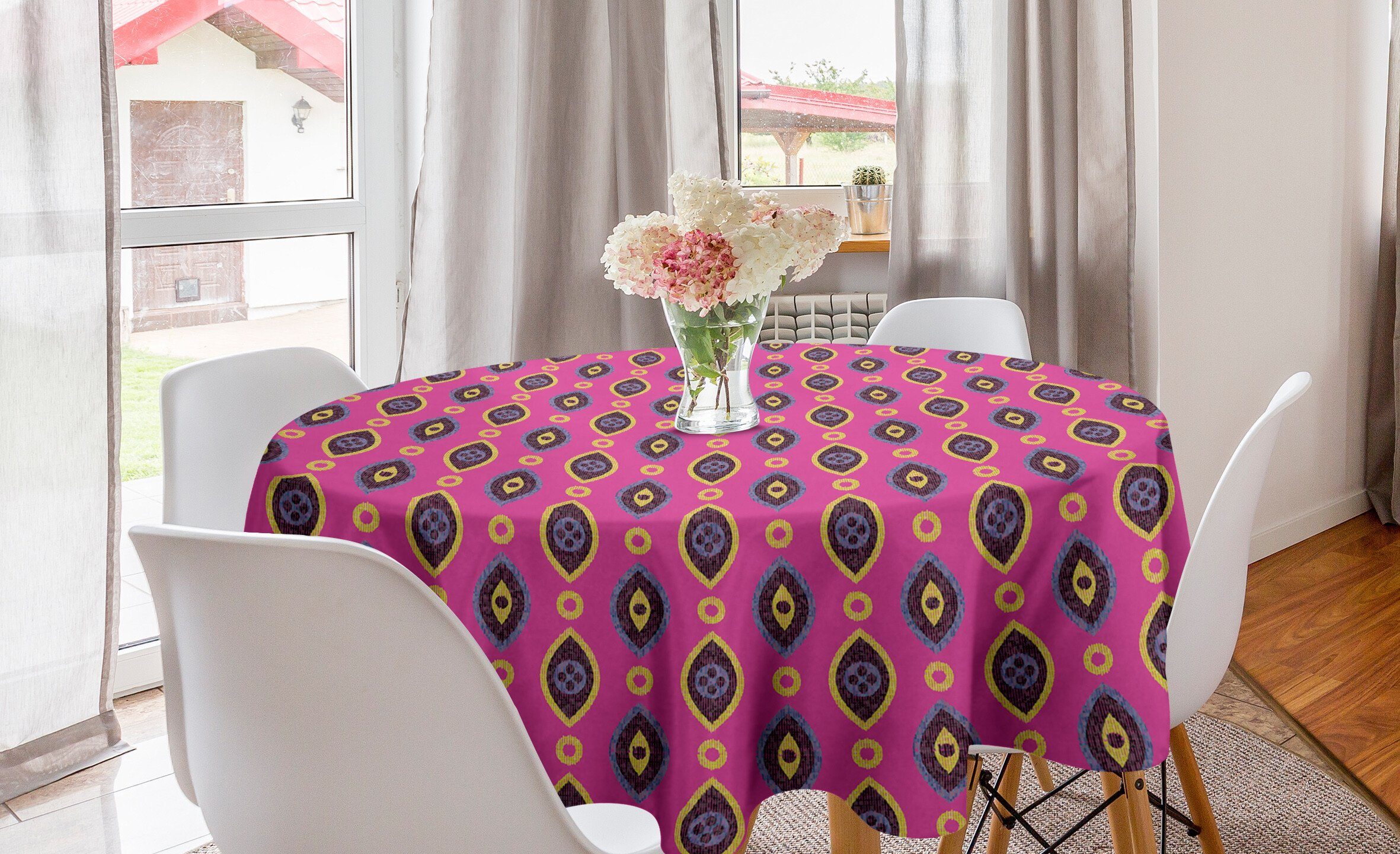 Abakuhaus Tischdecke Kreis Tischdecke Abdeckung für Esszimmer Küche Dekoration, Gelb und Lila Geometric Design