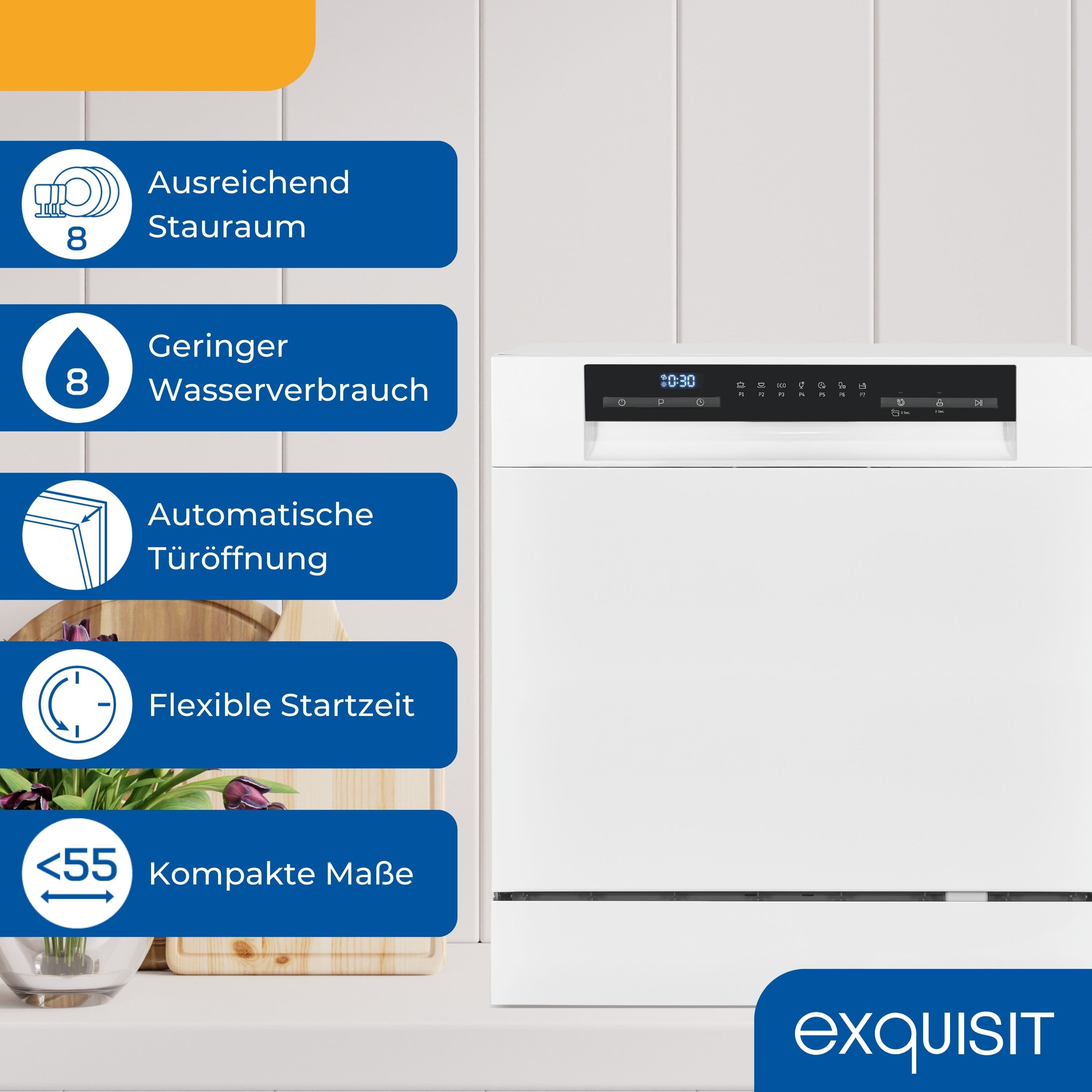 exquisit Tischgeschirrspüler GSP5508-030D, 8 l, 8 Maßgedecke, 8 Maßgedecke, 8 Liter, Auto-Door-Open, Startzeitvorwahl, Kompakt