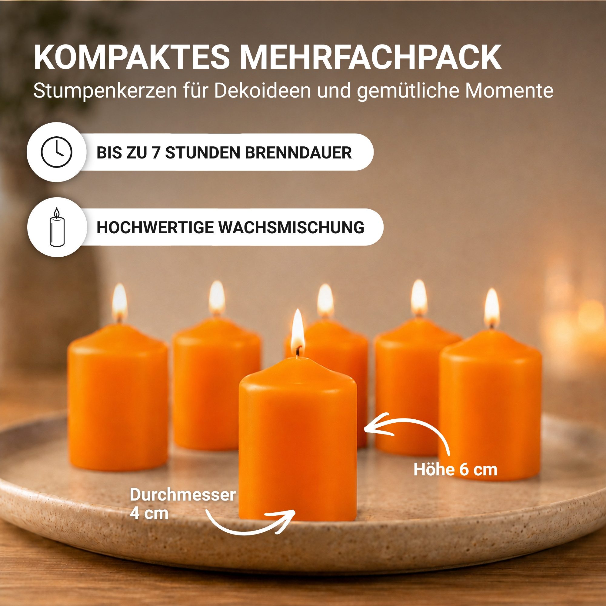 HS Candle Stumpenkerze kompakt und unparfümiert (6-tlg., Dekolicht), Ø4xH6 cm Teelichtgröße, bis zu 7h Brenndauer je Kerze, Wachsmischung