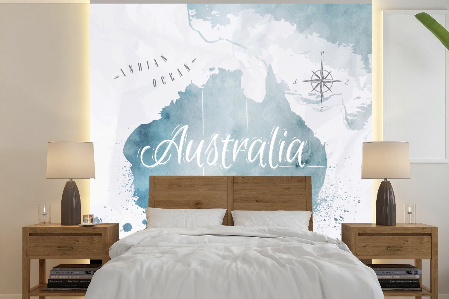 MuchoWow Fototapete Weltkarte - Australien Vliestapete Wohnzimmer (4 - bedruckt, Schlafzimmer für Matt, Fototapete Küche, Blau, St)