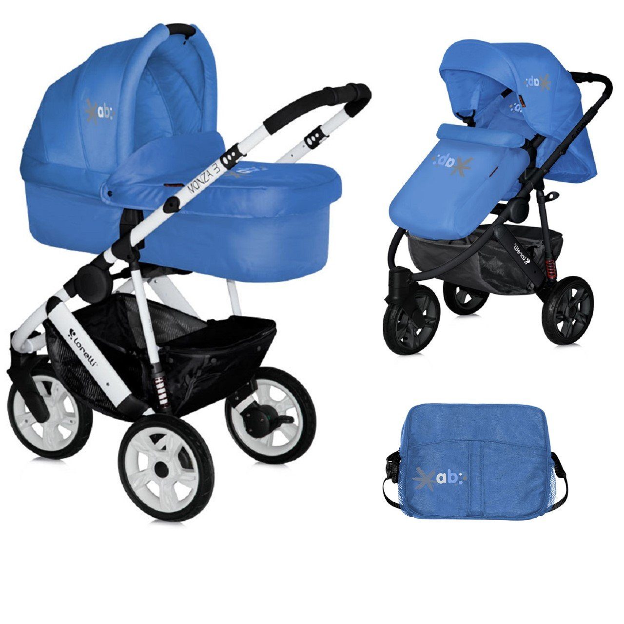 Lorelli Kombi-Kinderwagen Kinderwagen 2 in Sportsitz Babywanne, 1 Luftreifen, Wickeltasche, Monza, blau