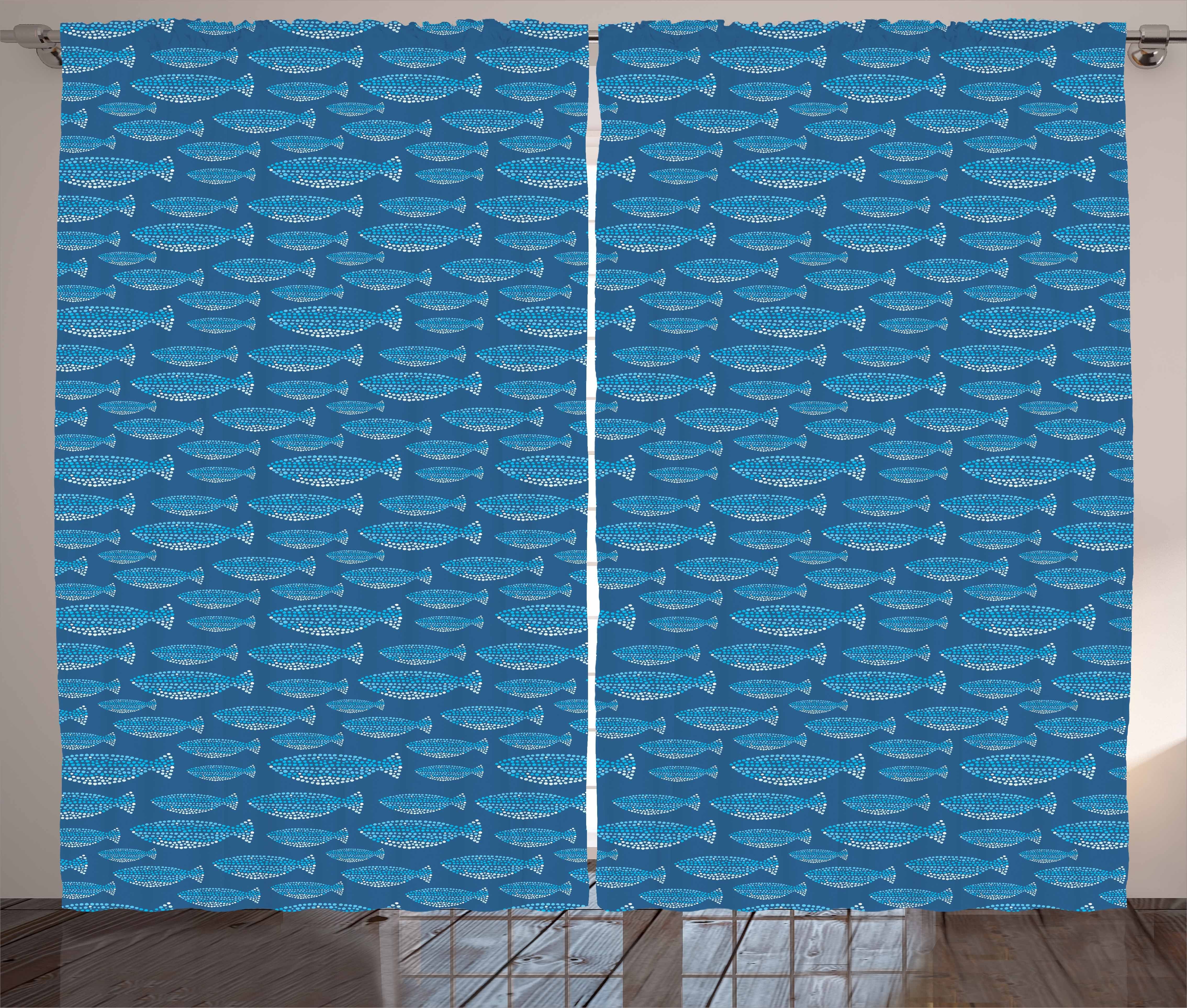 Gardine Schlafzimmer Kräuselband Vorhang mit Schlaufen und Haken, Abakuhaus, Fisch Blau getönte Wasserleben Motiv