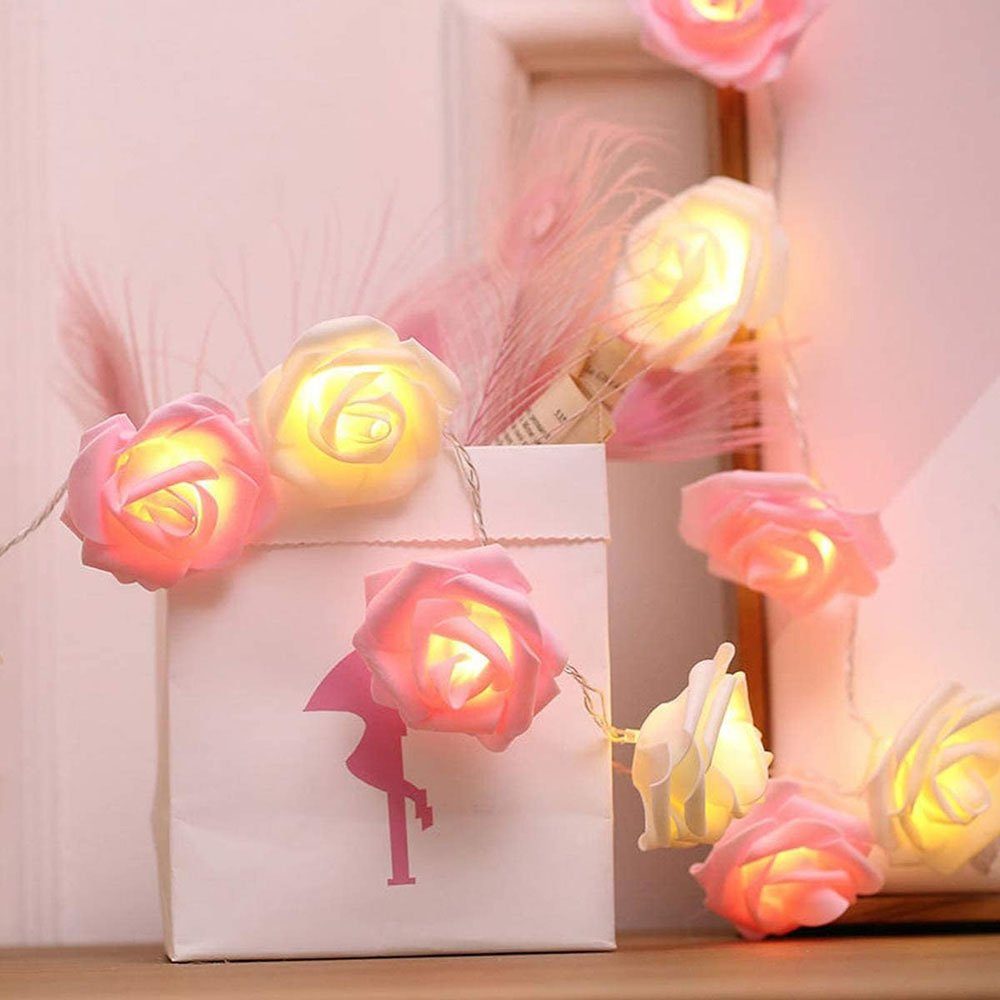 Rosnek LED-Lichterkette 3M, Rose Blume, batteriebetrieben, für Datum Hochzeit Valentinstag, Party Schlafzimmer Deko Rosa+Weiß