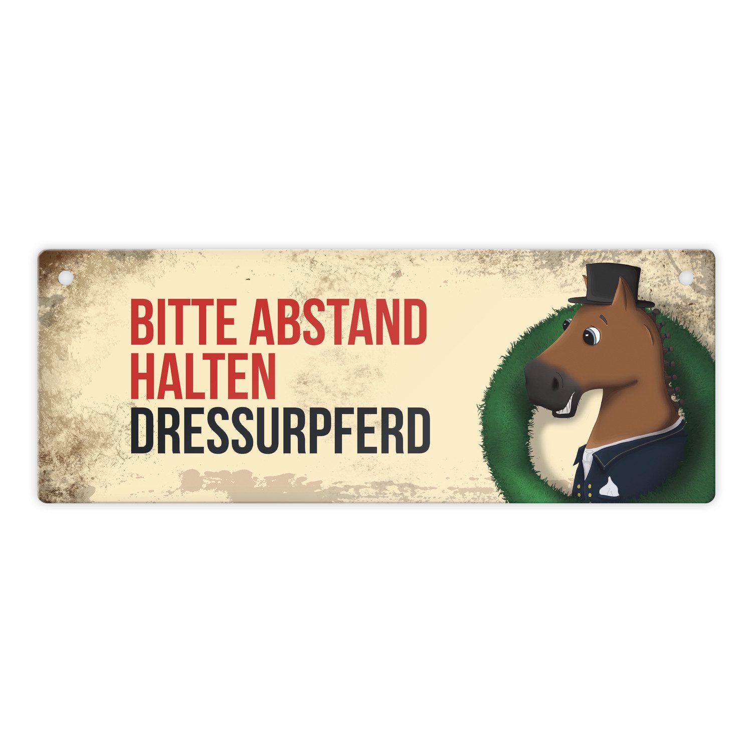 Metallschild Metallschild mit braunem Dressurpferd Motiv und Spruch: Bitte Abstand