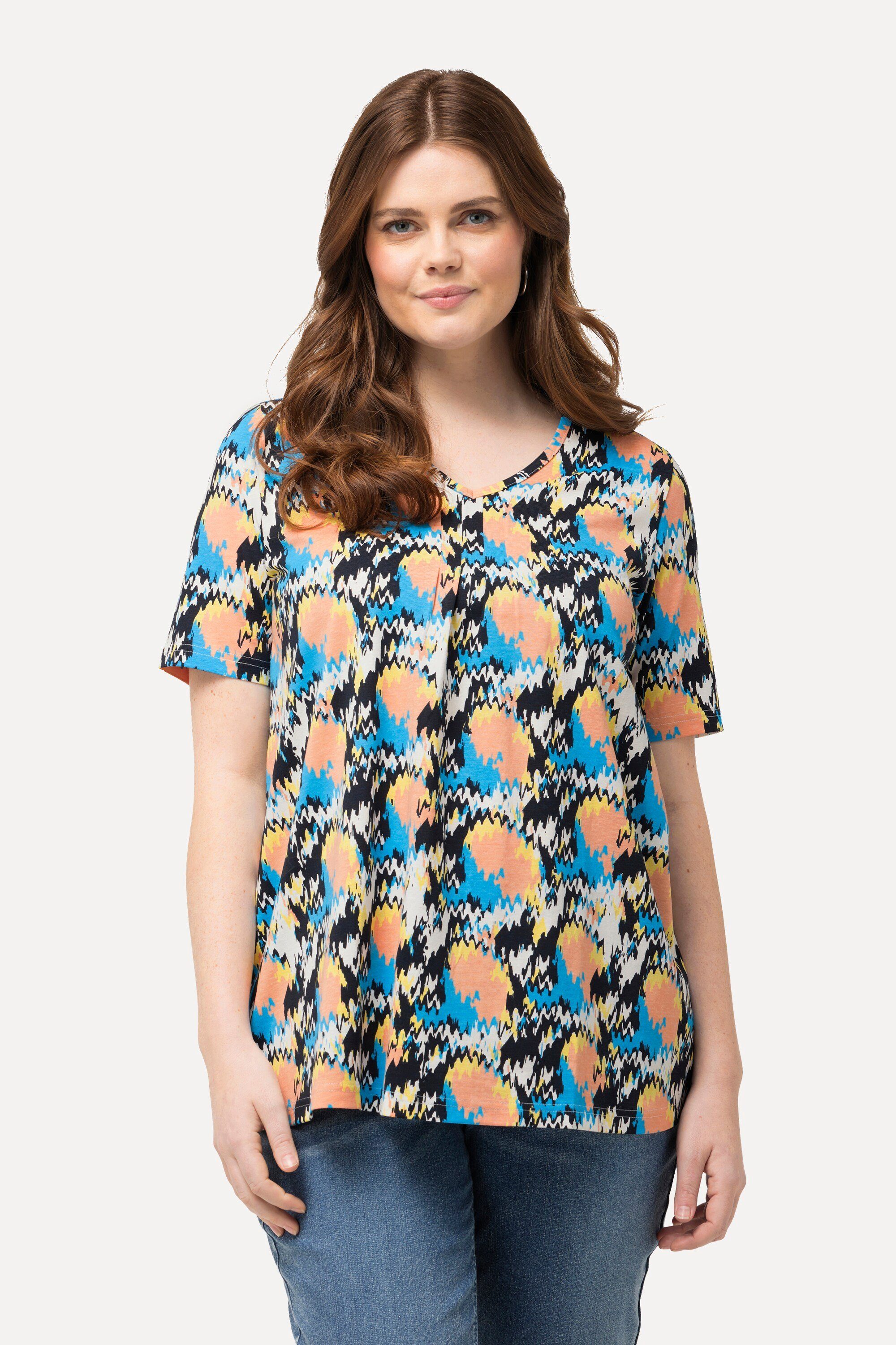 Ulla Popken T-Shirt T-Shirt Zierfalten A-Linie V-Ausschnitt Halbarm