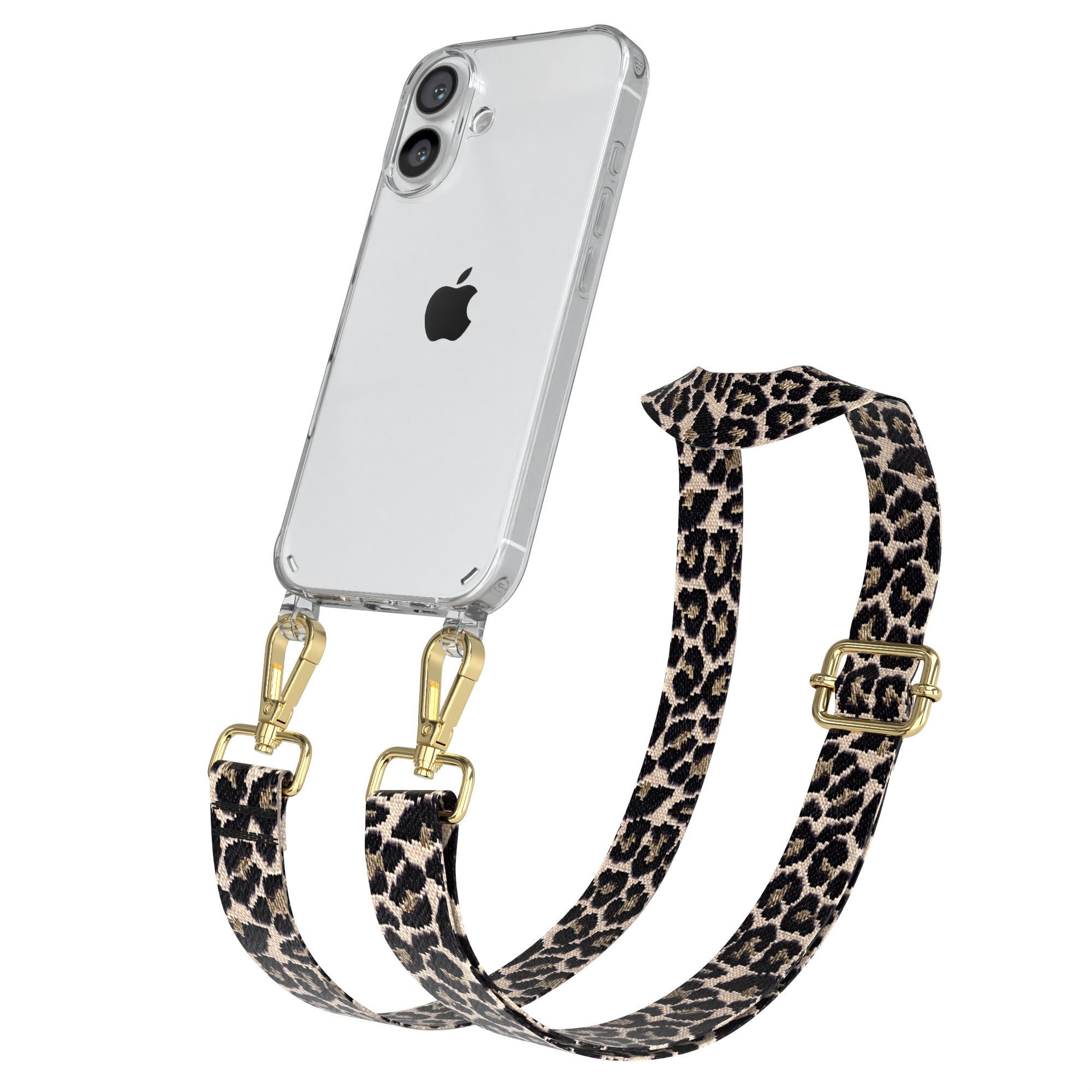 EAZY CASE Handykette Silikonhülle mit runder Kette für Apple iPhone 16 6,1 Zoll, Body Bag Leo Wechselband Ersatzgurt klare Hülle Silicon Schwarz Beige