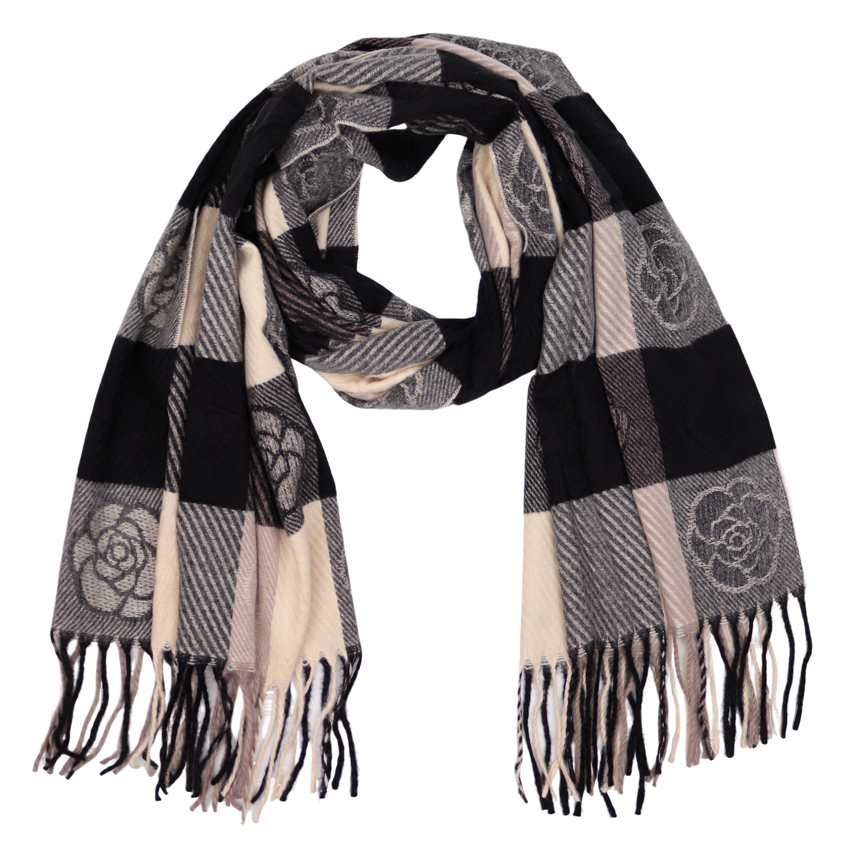Modeschal weicher und warmer Schal Blumen mit Fransen, 70x180cm
