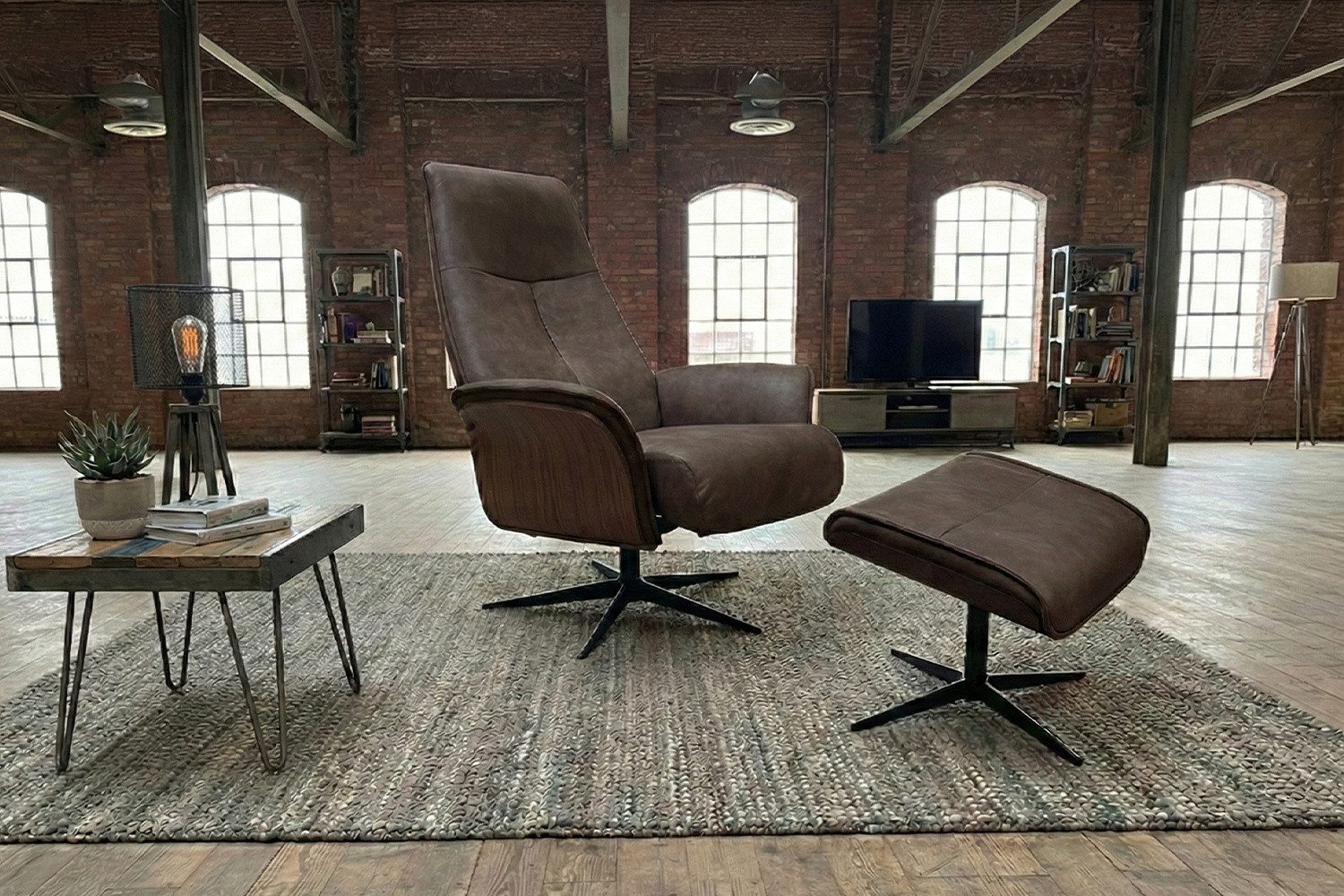 KAWOLA Relaxsessel FERREIRA Lederfaserstoff anthrazit Komfort Drehsessel, 360° drehbar, Relaxfunktion, Kopfstütze, inklusive Fußhocker