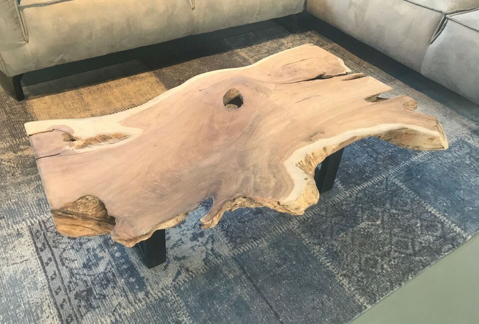Couchcenter Couchtisch Teakholz Baumkanten Wohnzimmer Tisch Couchtisch Akar Sofatisch 120 cm, Hochwertiges Teak Holz