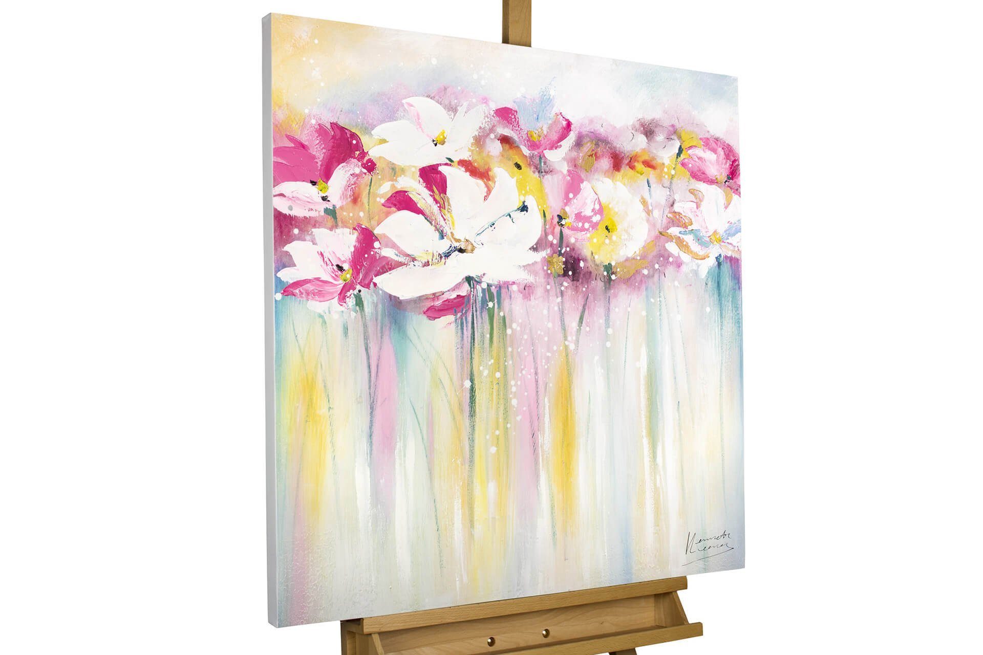 KUNSTLOFT Gemälde Rose Scented Summertime 80x80 cm, Leinwandbild 100% HANDGEMALT Wandbild Wohnzimmer rosa, weiß