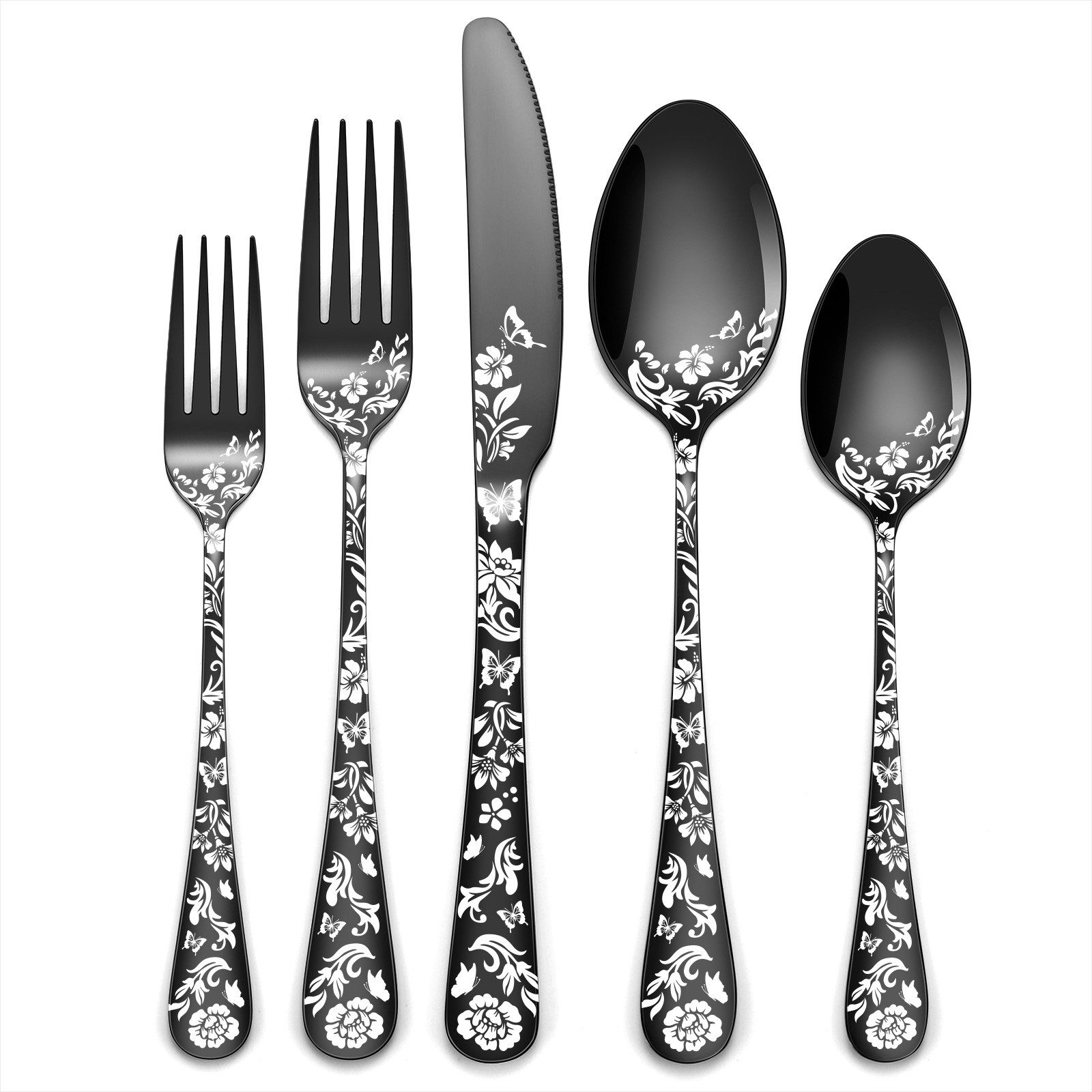 KEENZO Besteck-Set 30Stück Schwarz Mattiert Essbesteck-set Edelstahl mit Blumenspiegel (30-tlg), 6 Personen, Edelstahl