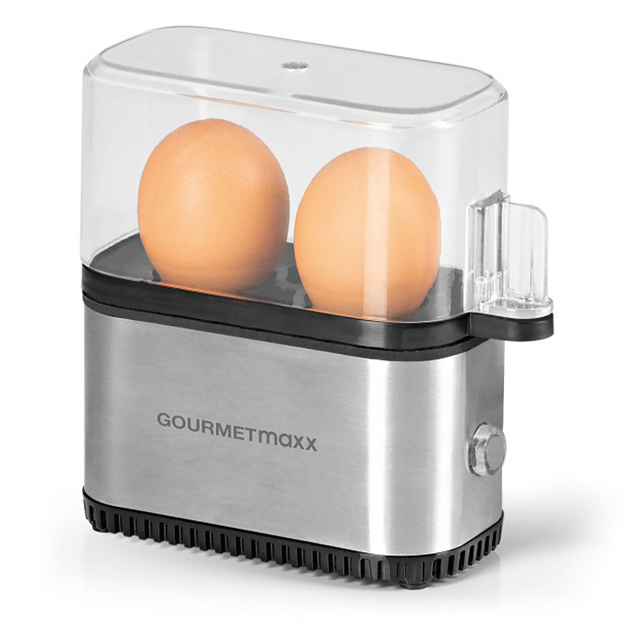 GOURMETmaxx Eierkocher Mini-Eierkocher für 2 Eier 250 W Messbecher & Eipick Silber/Schwarz, 2-Eier-Kocher mit Messbecher, Eipikser & Zufallsfarbauswahl