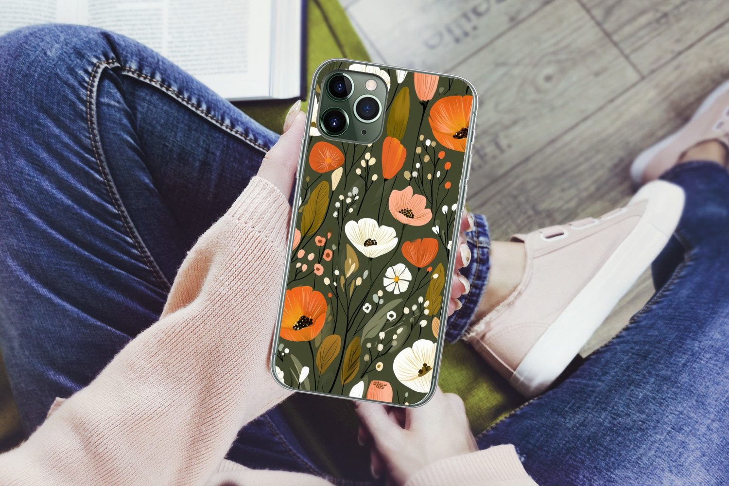 MuchoWow Handyhülle für Apple iPhone 11 Pro Blumen - Illustration - Grün, Smartphone-Bumper, Print, Handy Schutzhülle Dünn